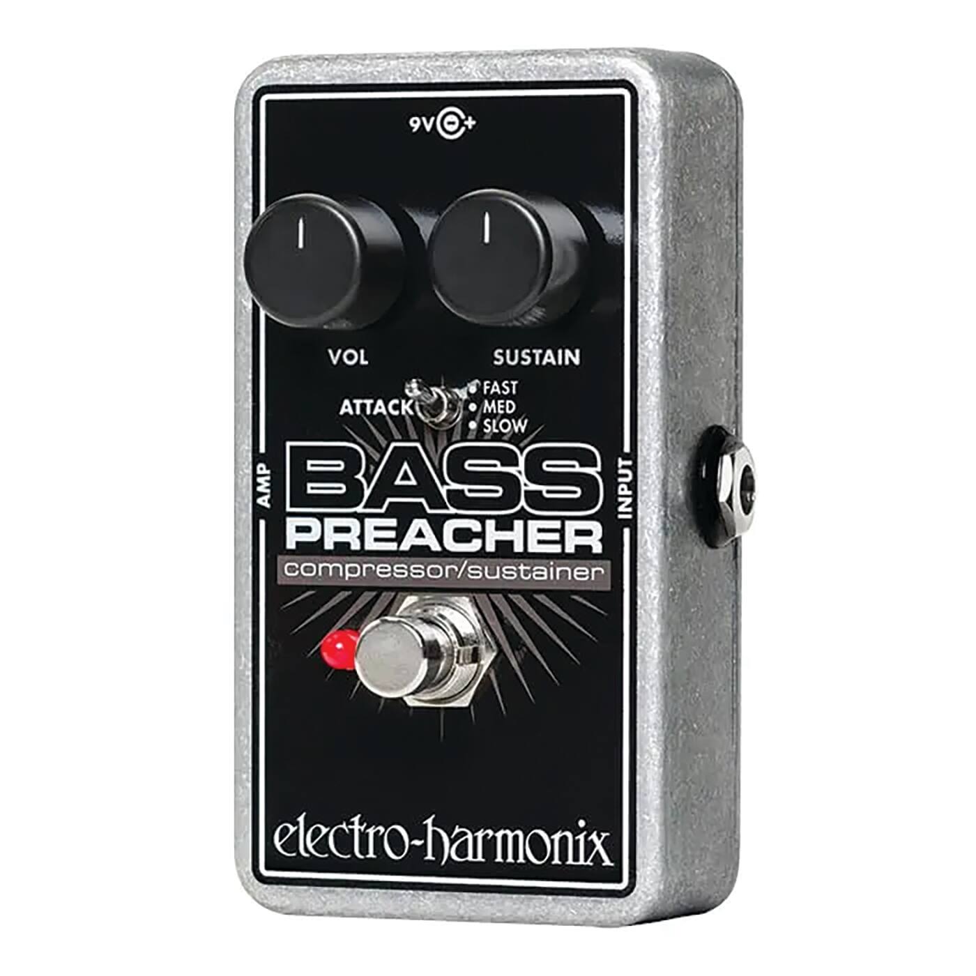 9V O+  
VOL  
ATTACK  
SUSTAIN  
FAST MED SLOW  
BASS PREACHER  
compressor/sustainer  
electro-harmonix