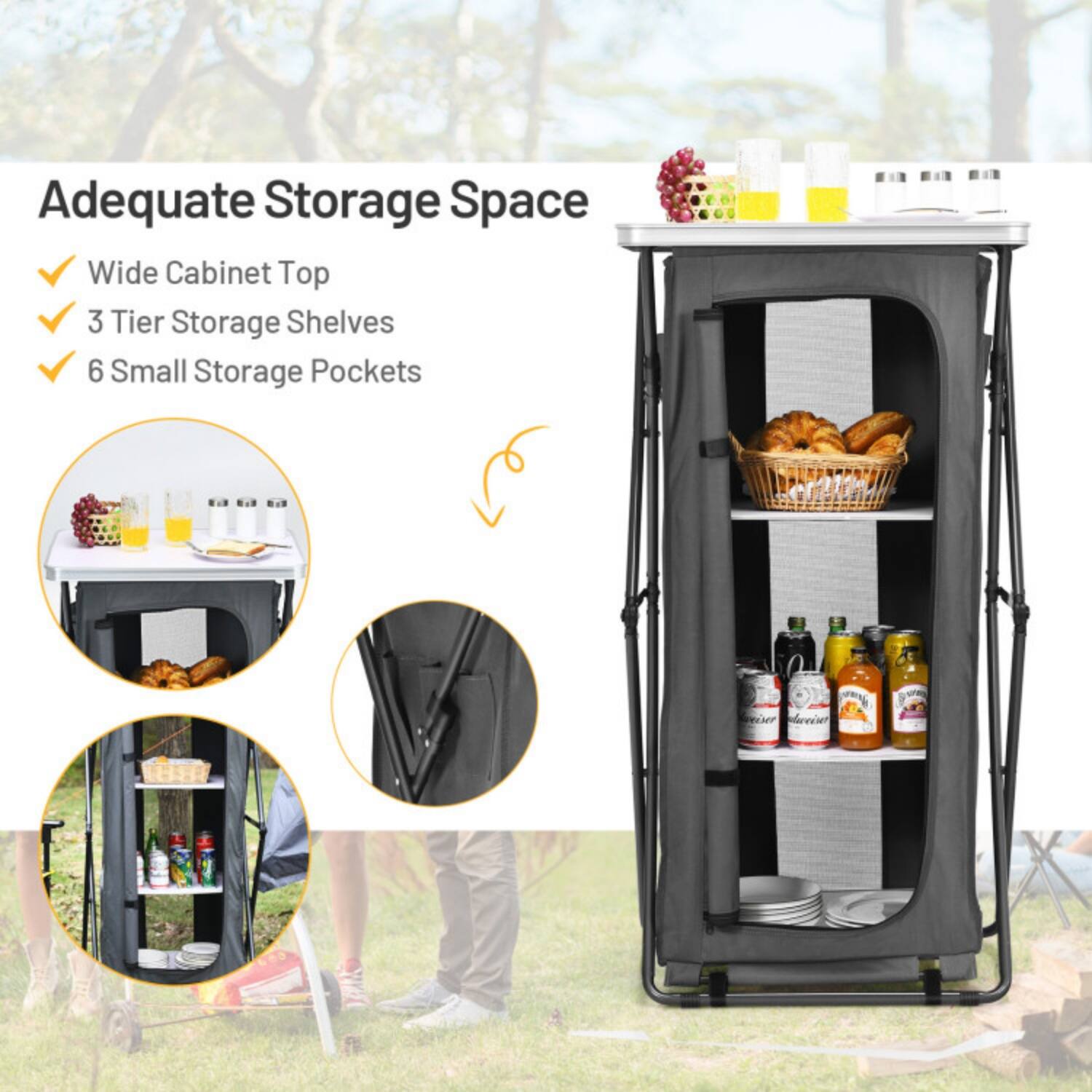 Adequate Storage Space  
- Wide Cabinet Top  
- 3 Tier Storage Shelves  
- 6 Small Storage Pockets