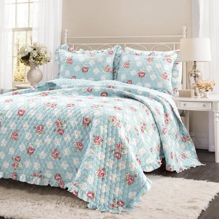 Front. Hivvago - Full/Queen size Vintage Rose Ruffle Edge Light Quilt Set in Blue White and Pink - Blue White and Pink.