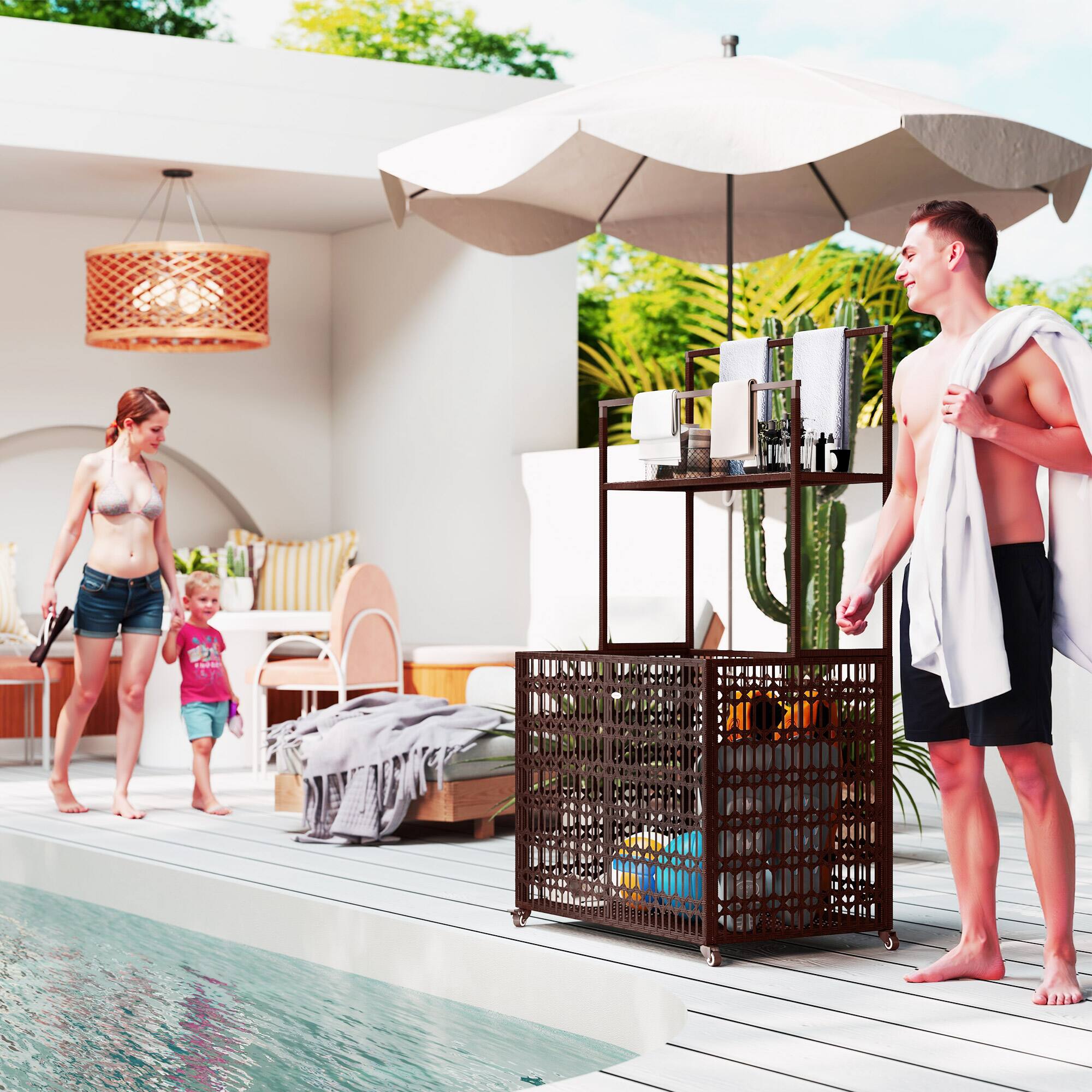 Angle. Outsunny - Outsunny Wicker Pool Float Storage Organizer, PE Rattan Pool Float Holder with Basket Shelf Towel Bars - Brown.