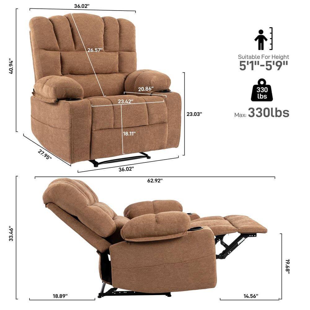 Sure, here is the corrected and grouped text from the image:

**Dimensions:**
- Height: 40.94"
- Width: 36.02"
- Depth: 26.57"
- Seat Height: 18.11"
- Seat Depth: 23.42"
- Arm Height: 20.86"
- Arm Width: 23.03"
- Back Height: 26.57"
- Reclined Length: 62.92"
- Reclined Depth: 33.46"
- Reclined Height: 18.89"
- Reclined Width: 36.02"
- Reclined Depth: 14.56"

**Specifications:**
- Suitable For Height: 5'11" - 5'9"
- Max Weight Capacity: 330 lbs