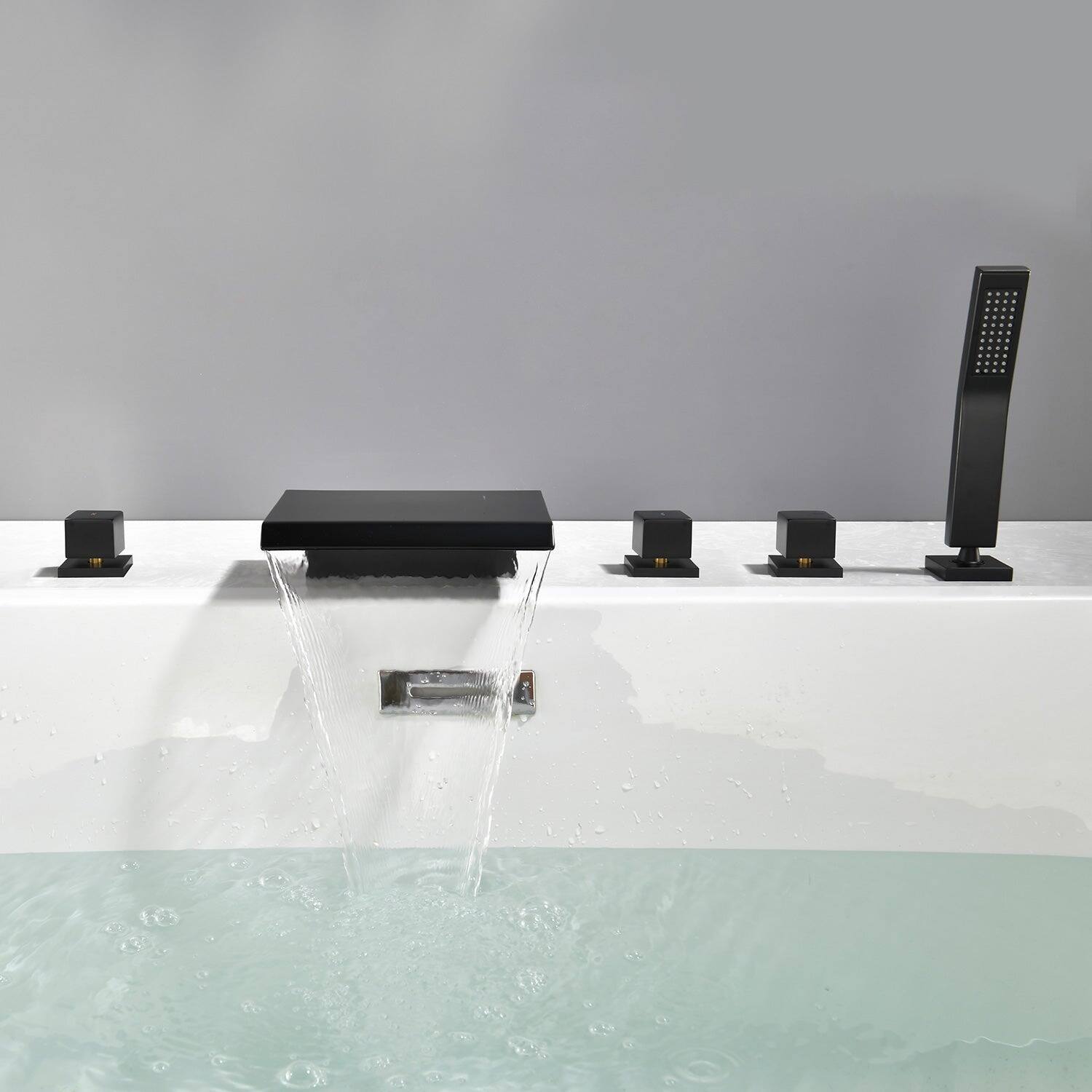 Alt View 2. Boyel Living - Black Waterfall Bath Tub Faucet with Handheld Shower SUS304 Material Hot Cold Control 5 Hole Installation High Flow Rate - Matte Black.