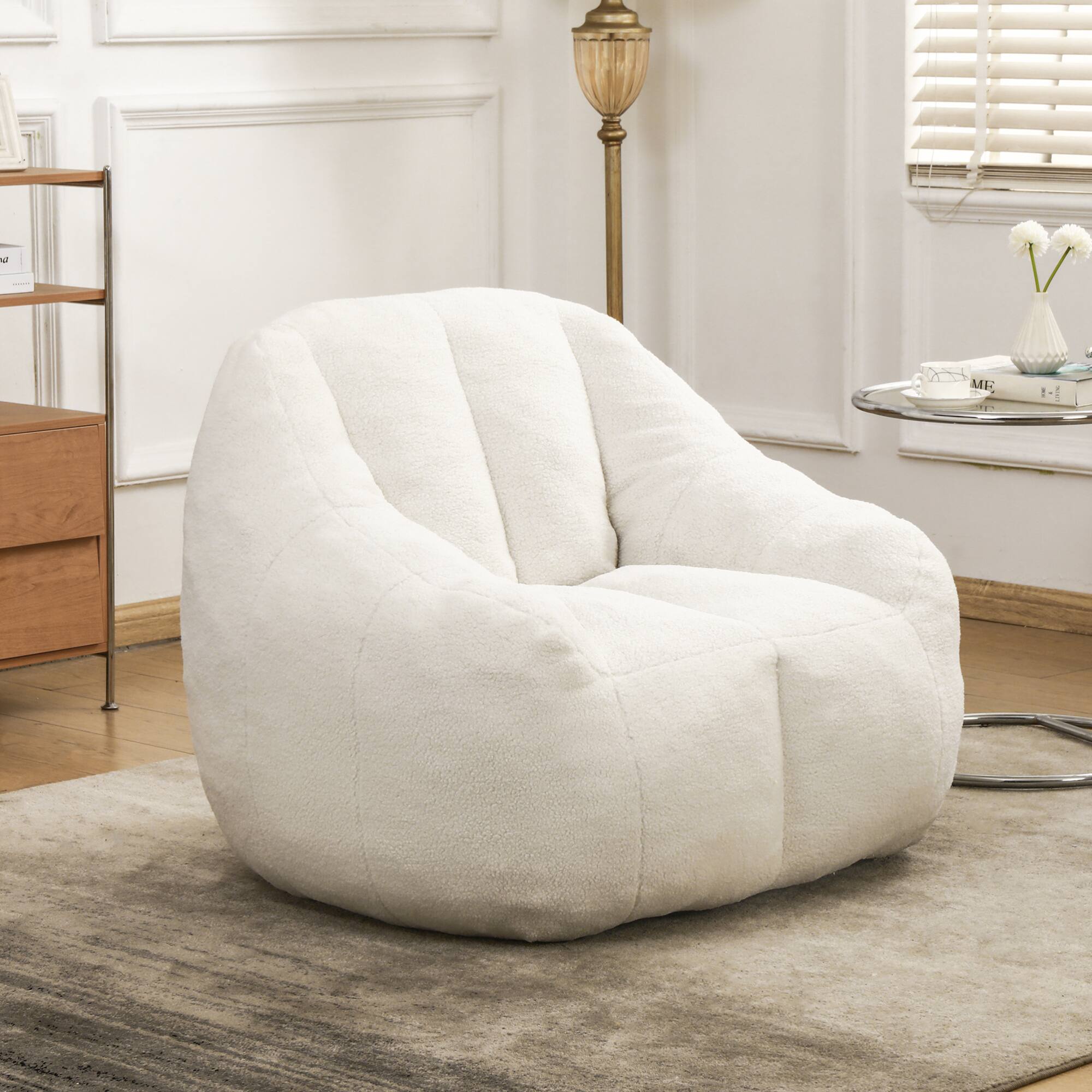 Angle. GOODSILO - Large Faux Fur Bean Bag Chair with Memory Foam Filling for Ultimate Comfort and Support - White.