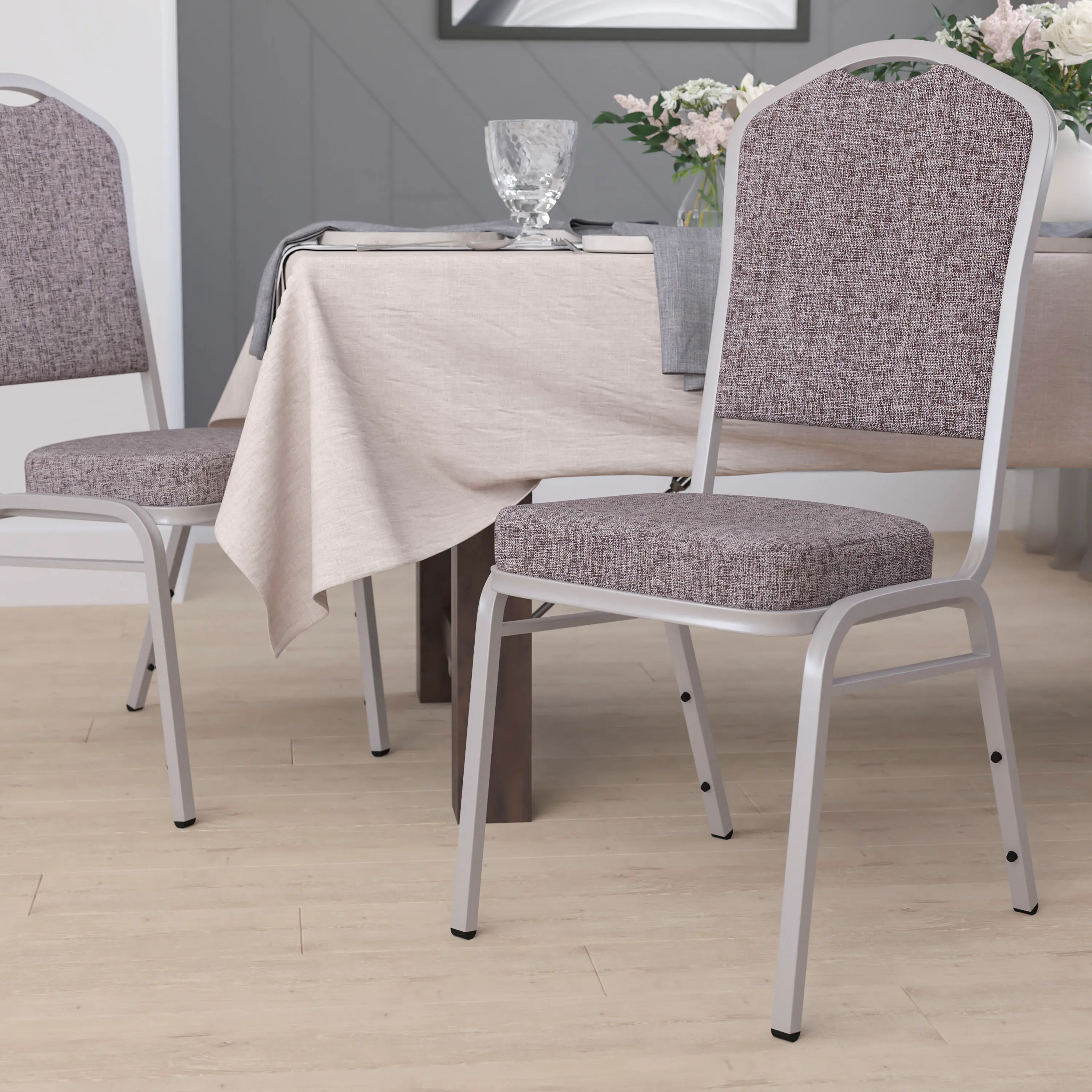 Alt View 1. Emma + Oliver - Crown Back Stacking Banquet Dining Chair - Herringbone Fabric/Silver Frame.