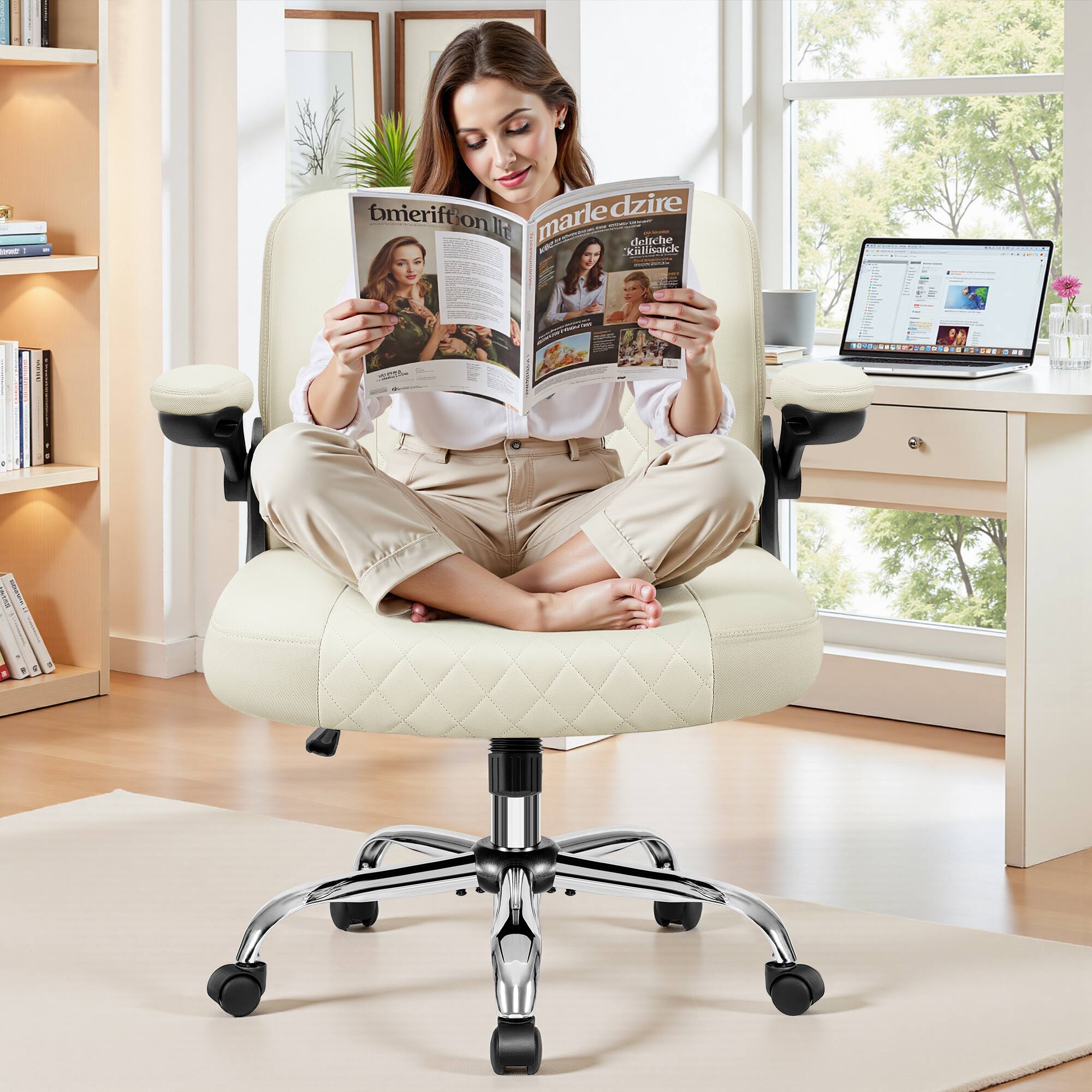 Brick Attic - Criss Cross Office Chair with 2-in-1 Flip Backrest, Ergonomic PU Leather Floor Sitting Chair, 360° Swivel Flip-Up Arms - White