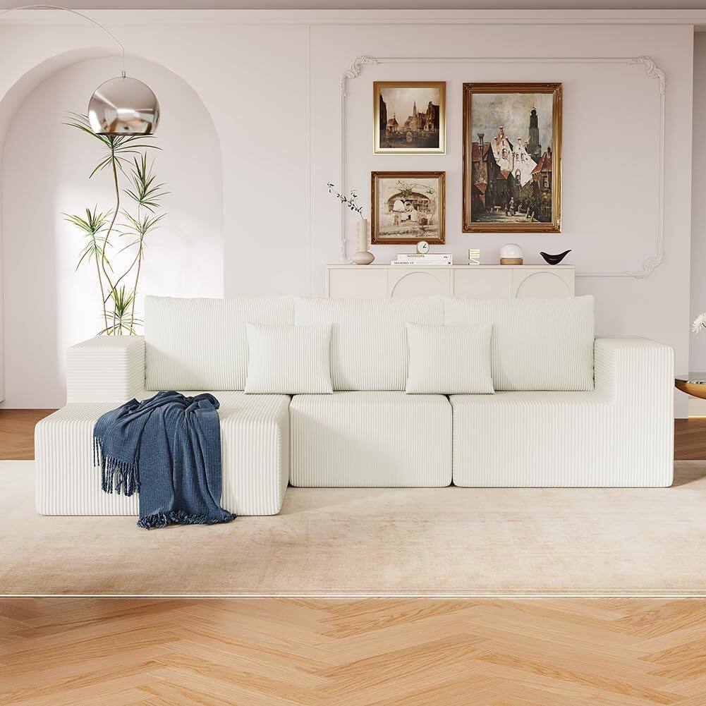 Alt View 2. Trinkets Crazed - 108.3in Sectional Foam Couch, Corduroy Fabric L Shape Sofa with Chaise Lounge - beige.