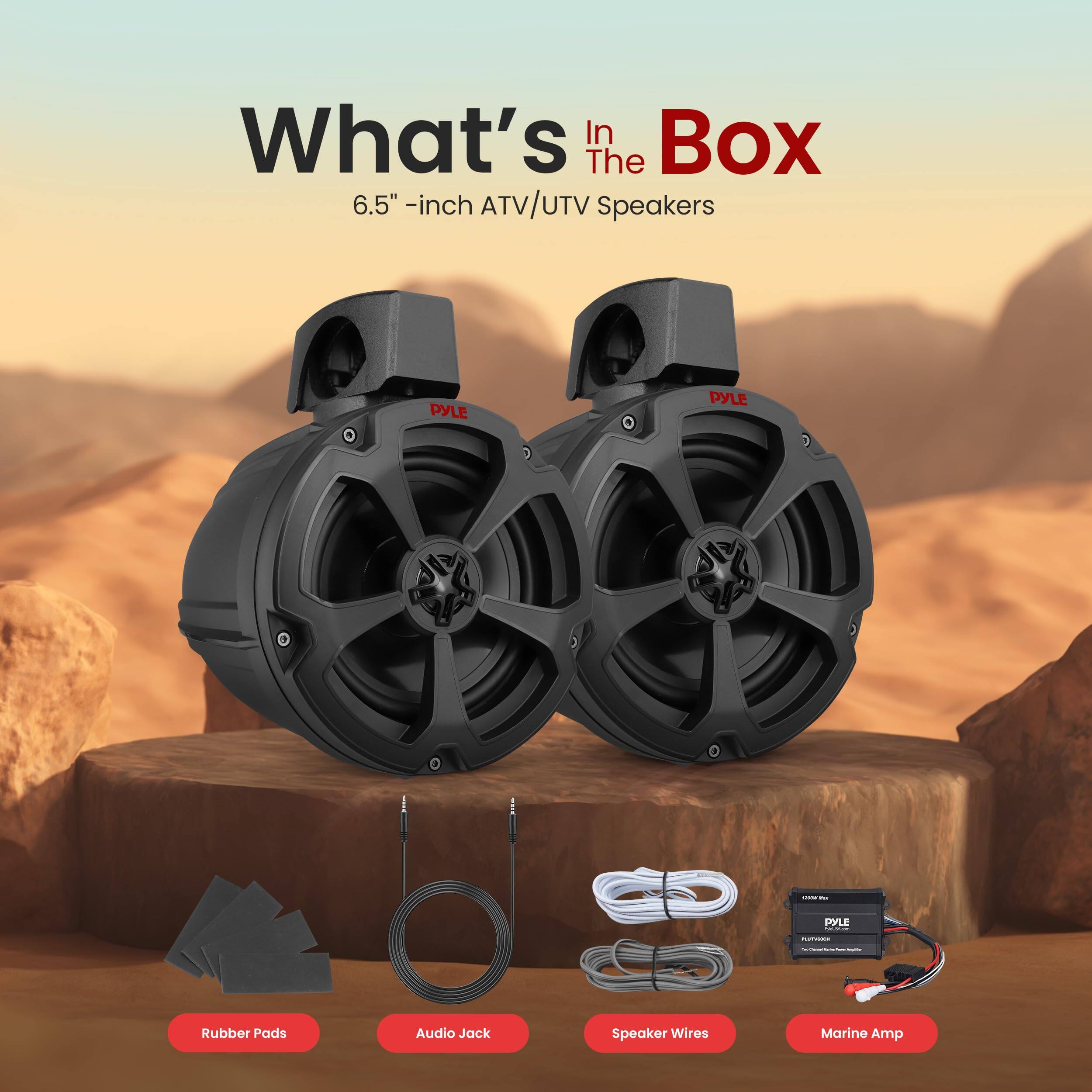 What's In Box, 6.5" -inch ATV/UTV Speakers, PYLE, Rubber Pads, Audio Jack, Speaker Wires, Marine Amp