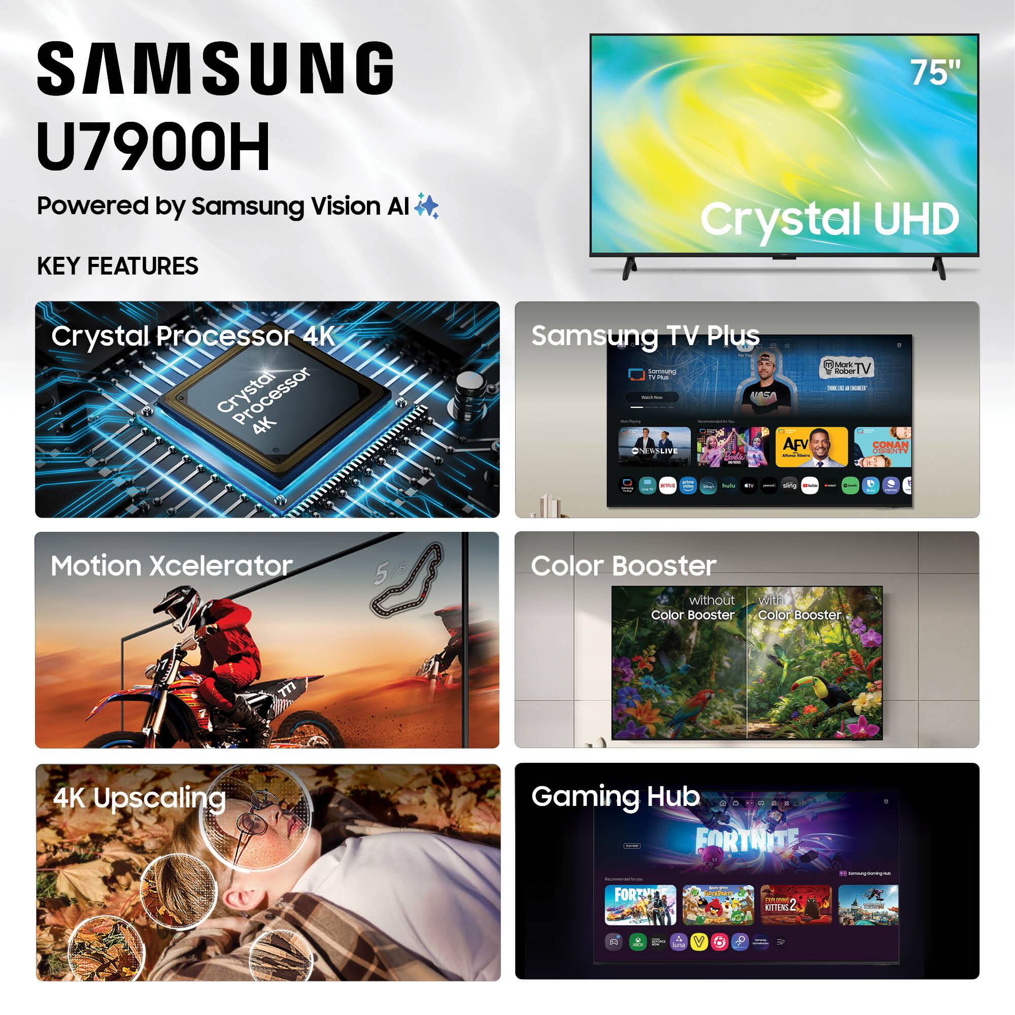 SAMSUNG U7900H  
Powered by Samsung Vision AI  

KEY FEATURES  
75" Crystal UHD  
Crystal Processor 4K  
Samsung TV Plus  
Motion Xcelerator  
Color Booster  
4K Upscaling  
Gaming Hub  

Samsung TV Plus  
Mork Rober TV - CONAN OBIENTY  
FORTNITE  
ARCOMMENDURE.COM FORTH