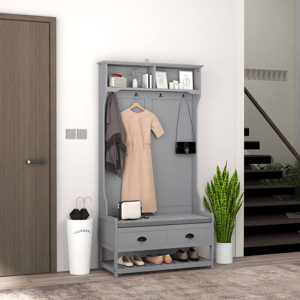 Alt View 4. Loheer - Loheer 3-in-1 hall tree with shoe bench, gray entryway bench with coat rack, 35-Inch W - Gray.