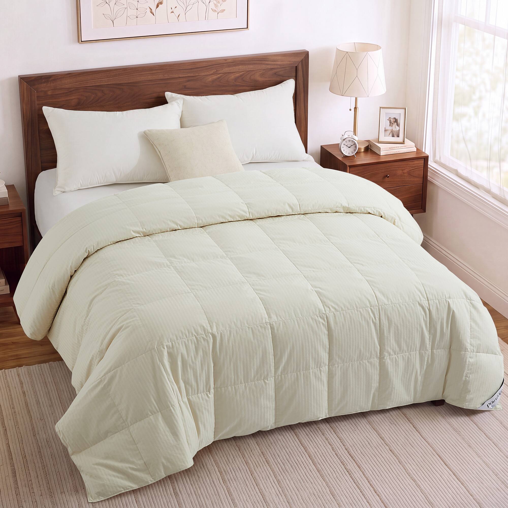 Left. Puredown - Puredown Luxury Cotton Jacquard Lightweight 75% Down Blanket, Soft & Breathable Bed Blanket, Cream, 90x90" - Cream.