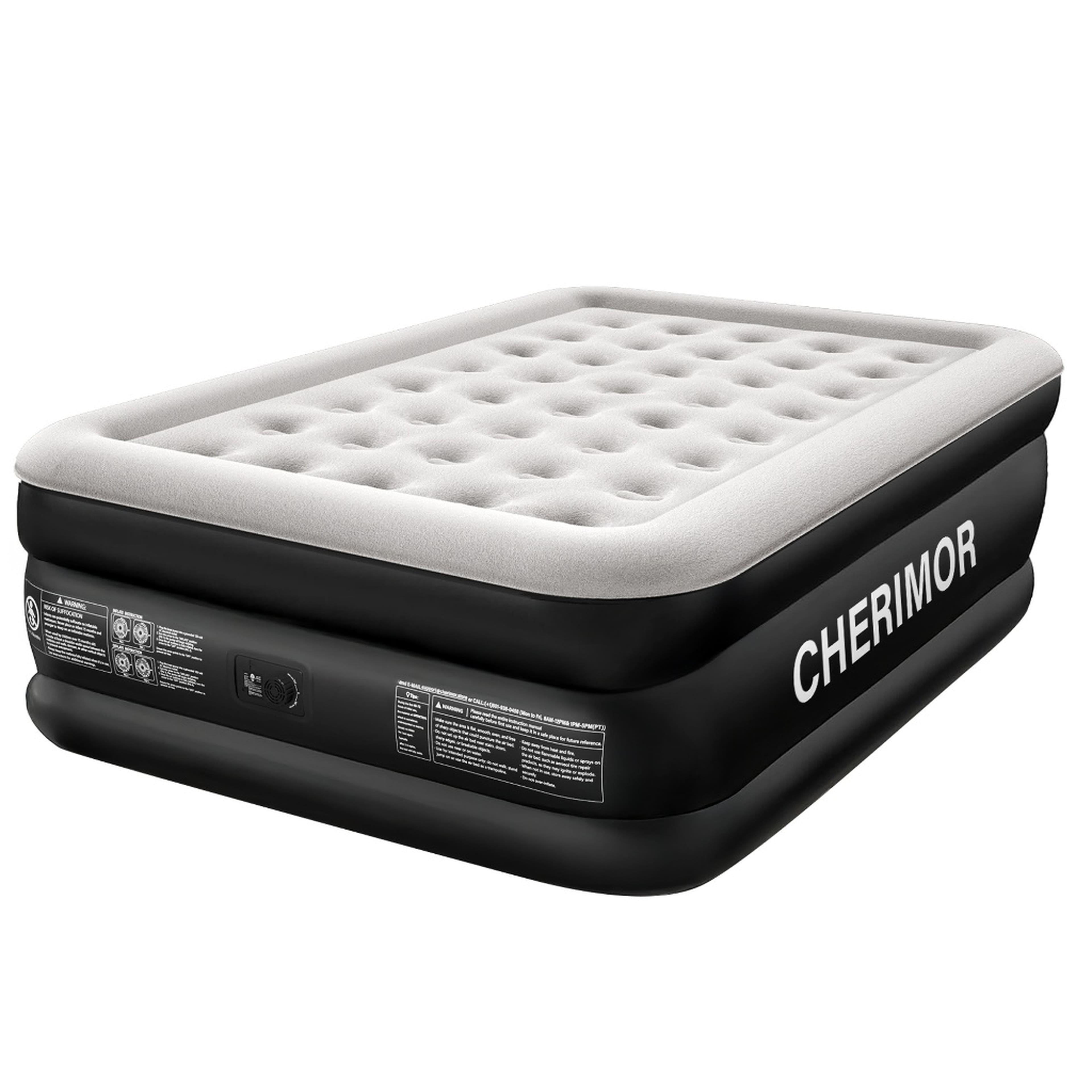 Cherimor - 18" Queen Air Mattress, Built-In Pump, Raised, Auto Inflate, Carrying Case, 800 lb Capacity - Black