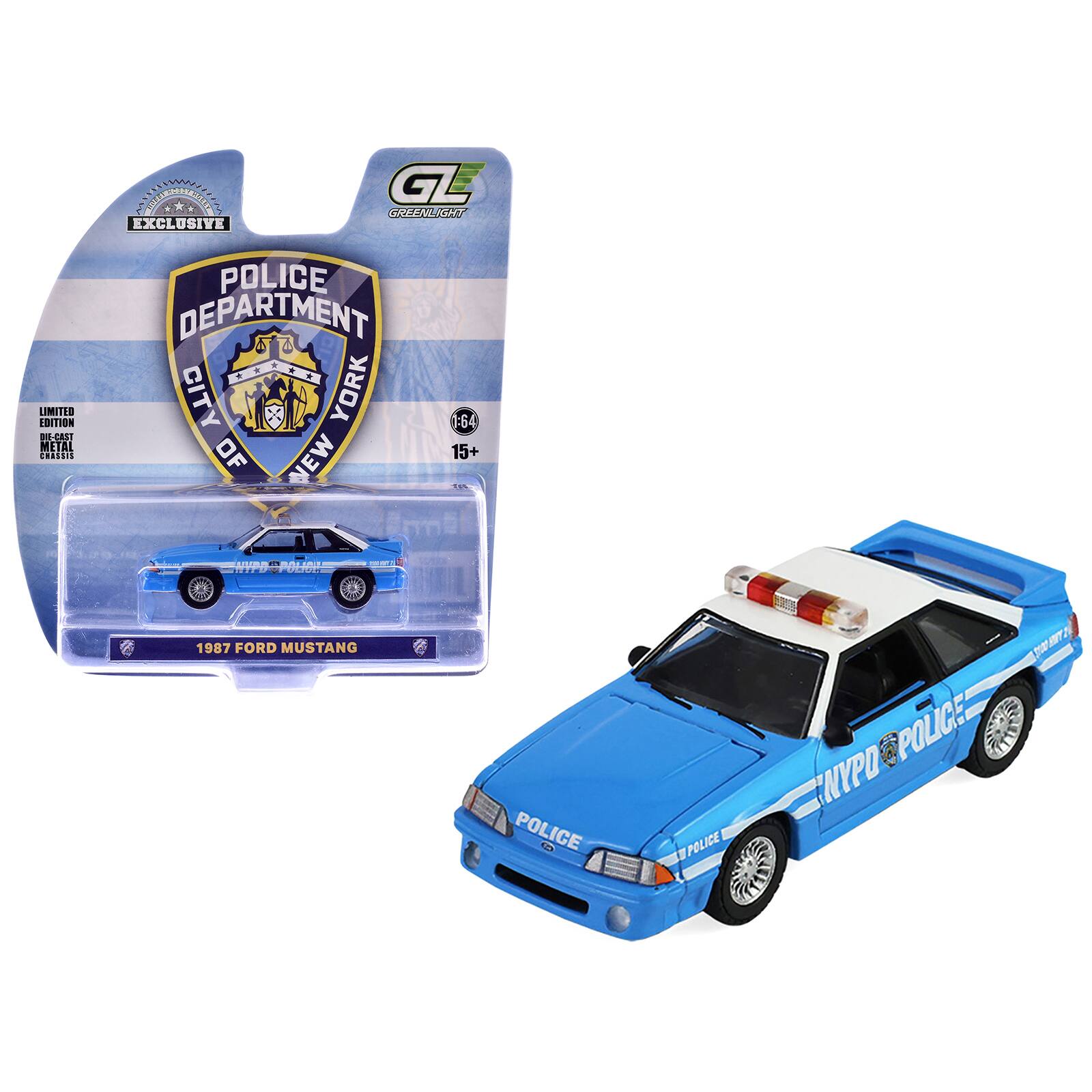 WWW EXCLUSIVE  
GL GREENLIGHT  
LIMITED EDITION DIE-CAST METAL CHASSIS  
POLICE DEPARTMENT CITY OF NEW YORK  
1:64 15+  
NYPD POLICE  
1987 FORD MUSTANG  
POLICE