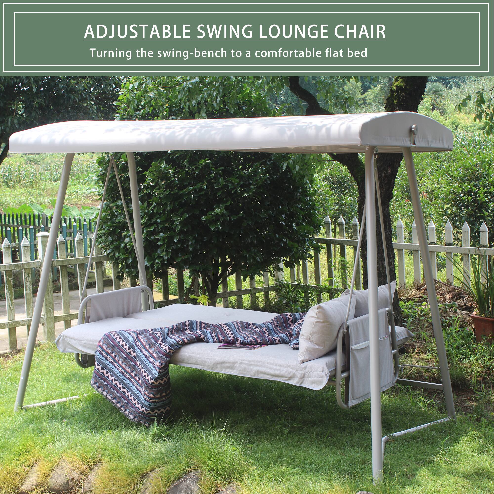 ADJUSTABLE SWING LOUNGE CHAIR  
Turning the swing-bench to a comfortable flat bed