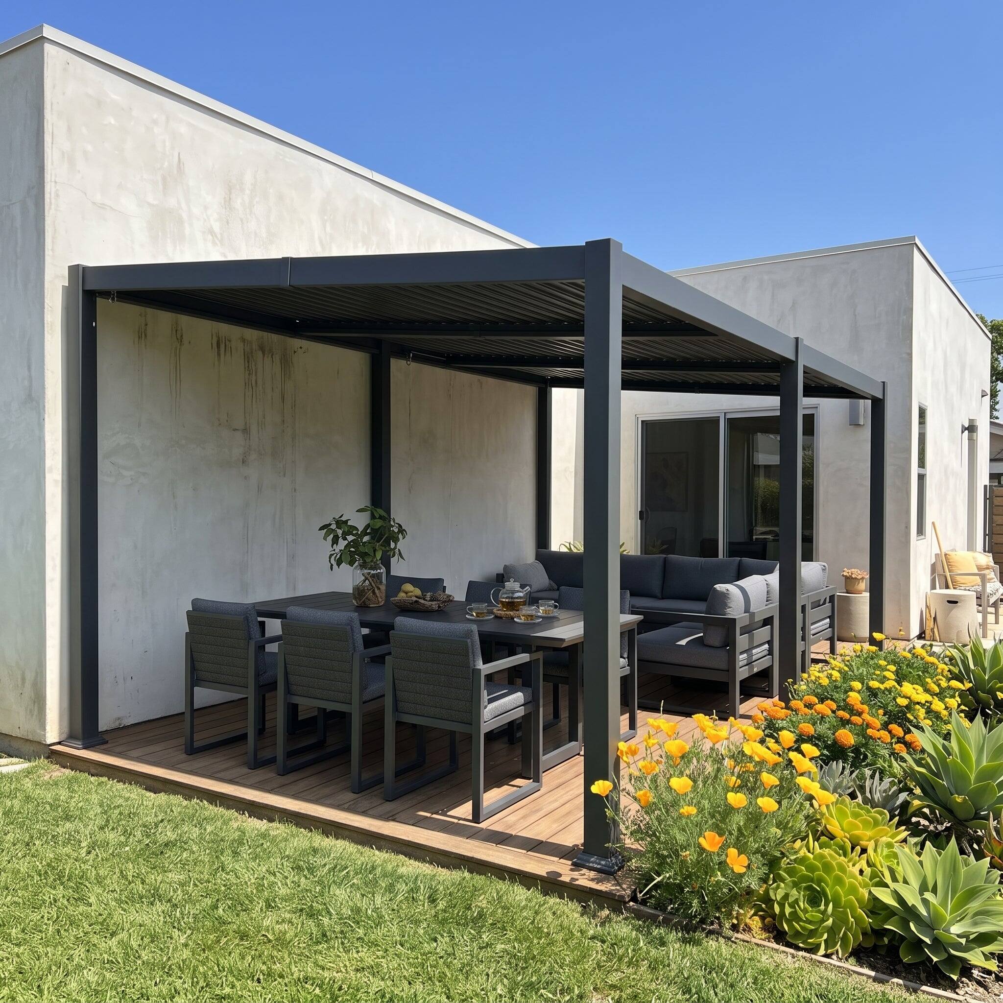 Left. PURPLE LEAF - 11'×18' Louvered Pergola Slanted Roof Outdoor Aluminum Frame With Adjustable Rainproof roof for Patio Garden Yard - Gray.