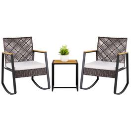 Costway - 3 PCS Outdoor Rocking Chair Set with Coffee Table Water-Resistant Cushions for Porch - Mixed Brown, Beige