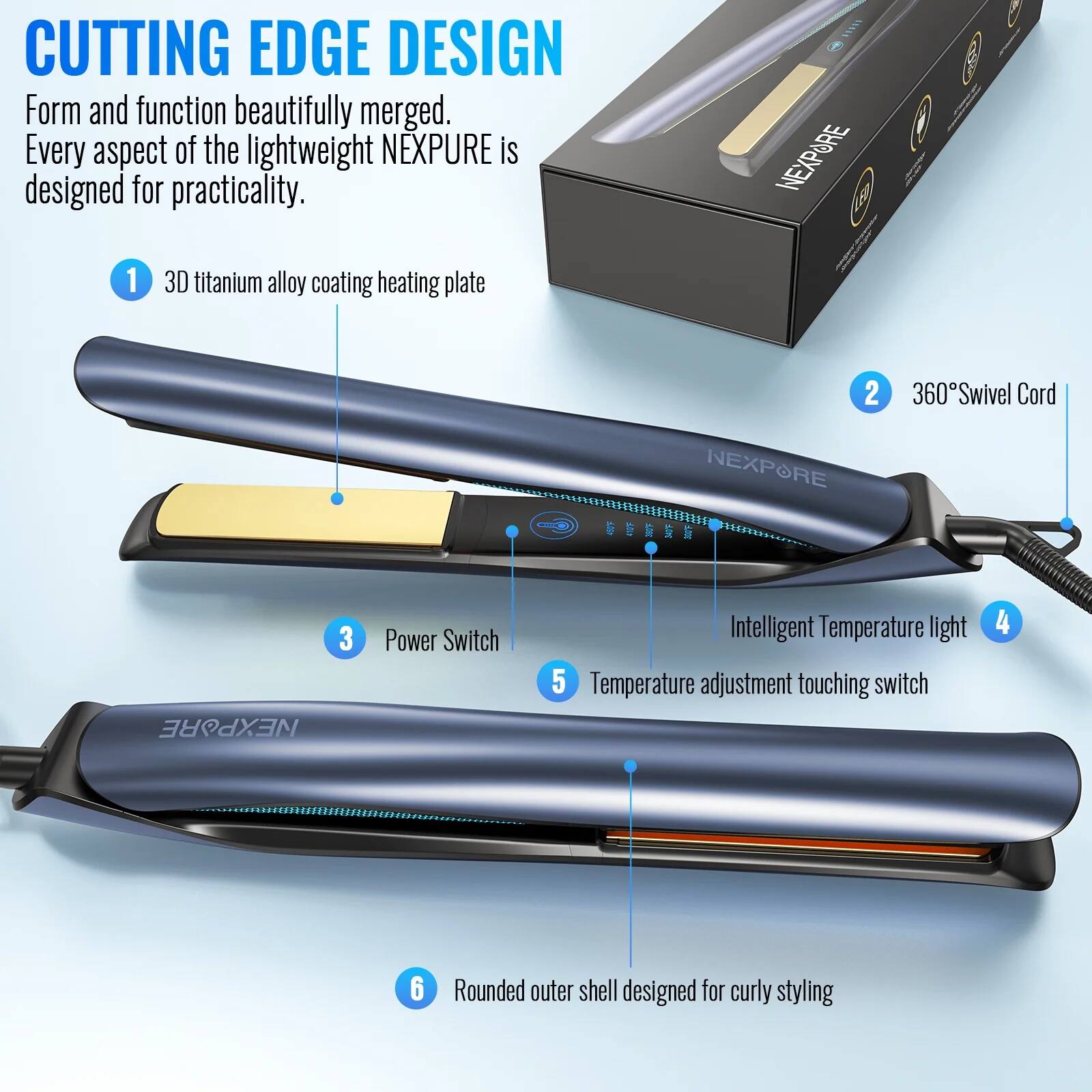 CUTTING EDGE DESIGN  
Form and function beautifully merged.  
Every aspect of the lightweight NEXPURE is designed for practicality.

1. 3D titanium alloy coating heating plate  
2. 360° Swivel Cord  
3. Power Switch  
4. Intelligent Temperature light  
5. Temperature adjustment touching switch  
6. Rounded outer shell designed for curly styling