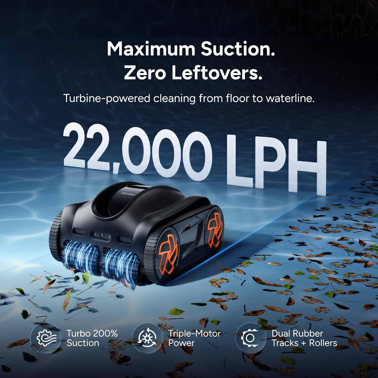 Maximum Suction. Zero Leftovers.  
Turbine-powered cleaning from floor to waterline.  
22,000 LPH  

AeAas Turbo 200% Suction  
Triple-Motor Power  
Dual Rubber Tracks + Rollers