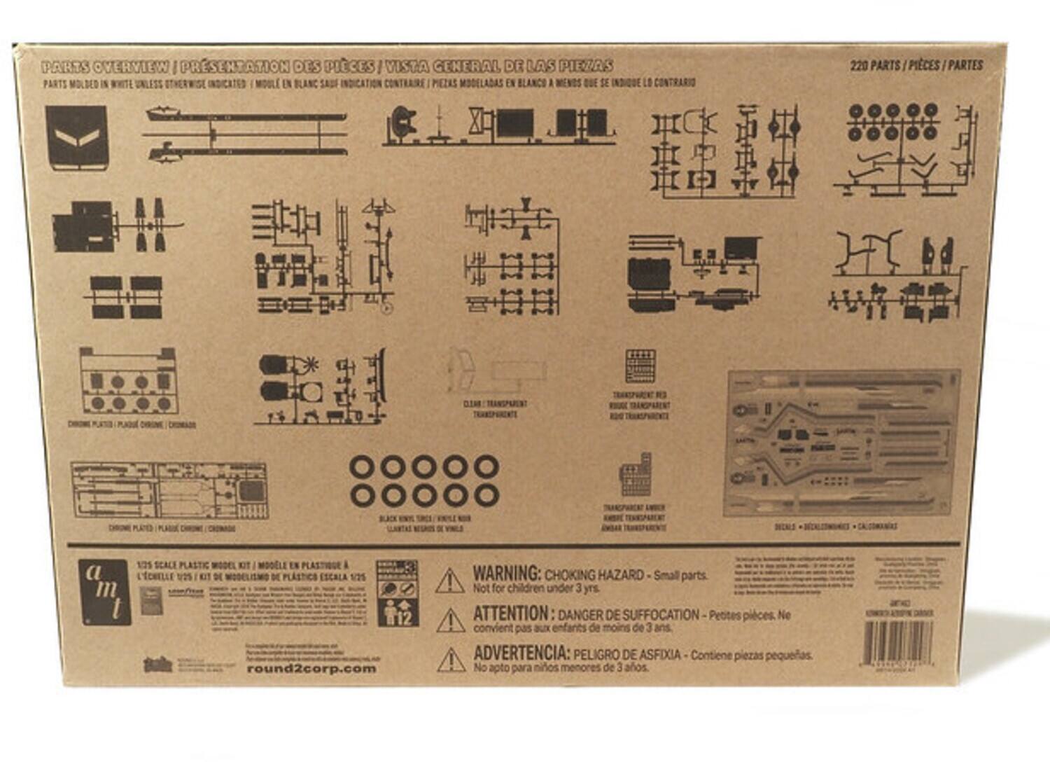 **Parts Overview / Présentation des pièces / Vista general de las piezas / Parts molded in white unless otherwise indicated / Moulé en blanc sauf indication contraire**

220 parts / pièces / partes

**Scale Plastic Model Kit / Modèle en plastique à l'échelle 1/25**

**Warning: Choking Hazard - Small parts. Not for children under 3 yrs.**

**Attention: Danger de suffocation - Petites pièces. Ne convient pas aux enfants de moins de 3 ans.**

**Advertencia: Peligro de asfixia - Contiene piezas pequeñas. No apto para niños menores de 3 años.**

round2corp.com