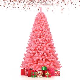 Gymax - 7.5 FT Artificial Snow Flocked Christmas Tree Unlit Xmas PVC Tree - Pink