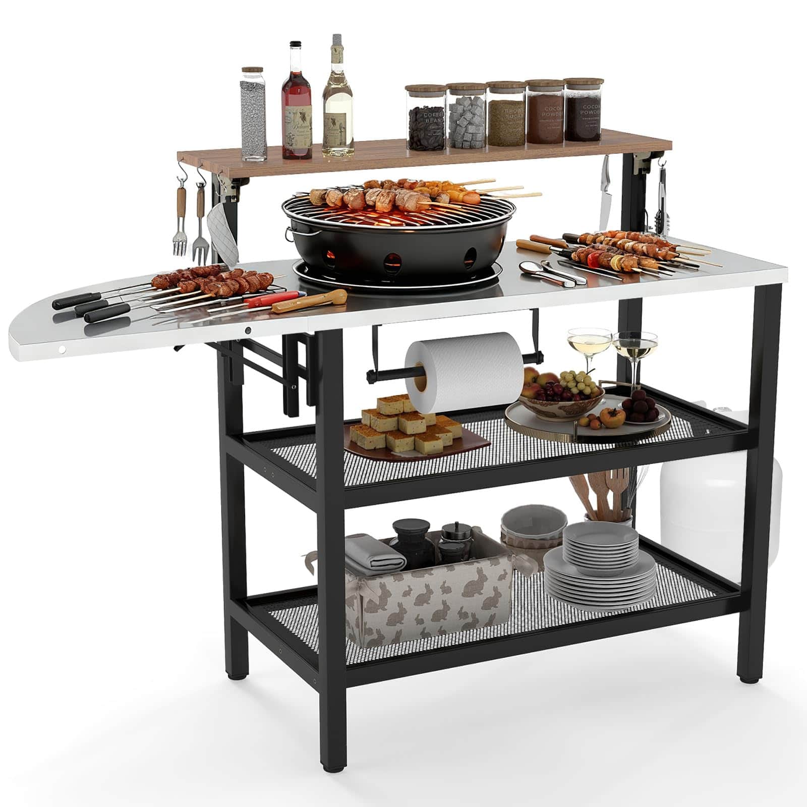 Ecooso - Foldable Grill Table with Flip Up Top and Storage Shelves - Black