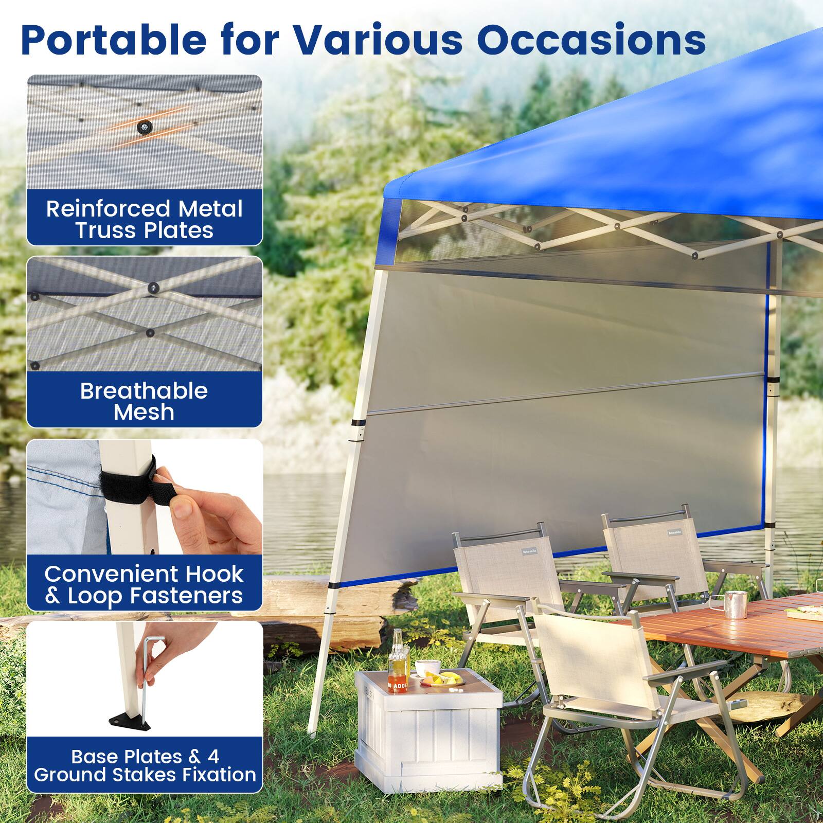 Portable for Various Occasions

- Reinforced Metal Truss Plates
- Breathable Mesh
- Convenient Hook & Loop Fasteners
- Base Plates & 4 Ground Stakes Fixation