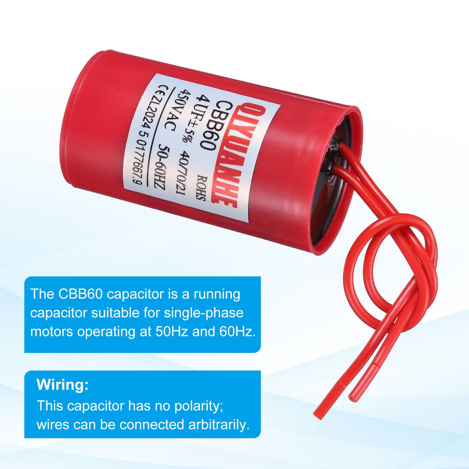 CEZL2024 450VAC 4UF5% CBB60 50-60HZ 40/70/21 ROHS QIYUANHE

The CBB60 capacitor is a running capacitor suitable for single-phase motors operating at 50Hz and 60Hz.

Wiring: This capacitor has no polarity; wires can be connected arbitrarily.