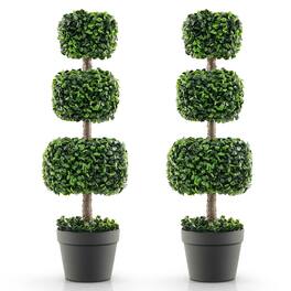 Gymax - 2 PCS 35'' Artificial Boxwood Topiary Tree Faux Greenery Plant Fake Tree for Decoration - Green, Black