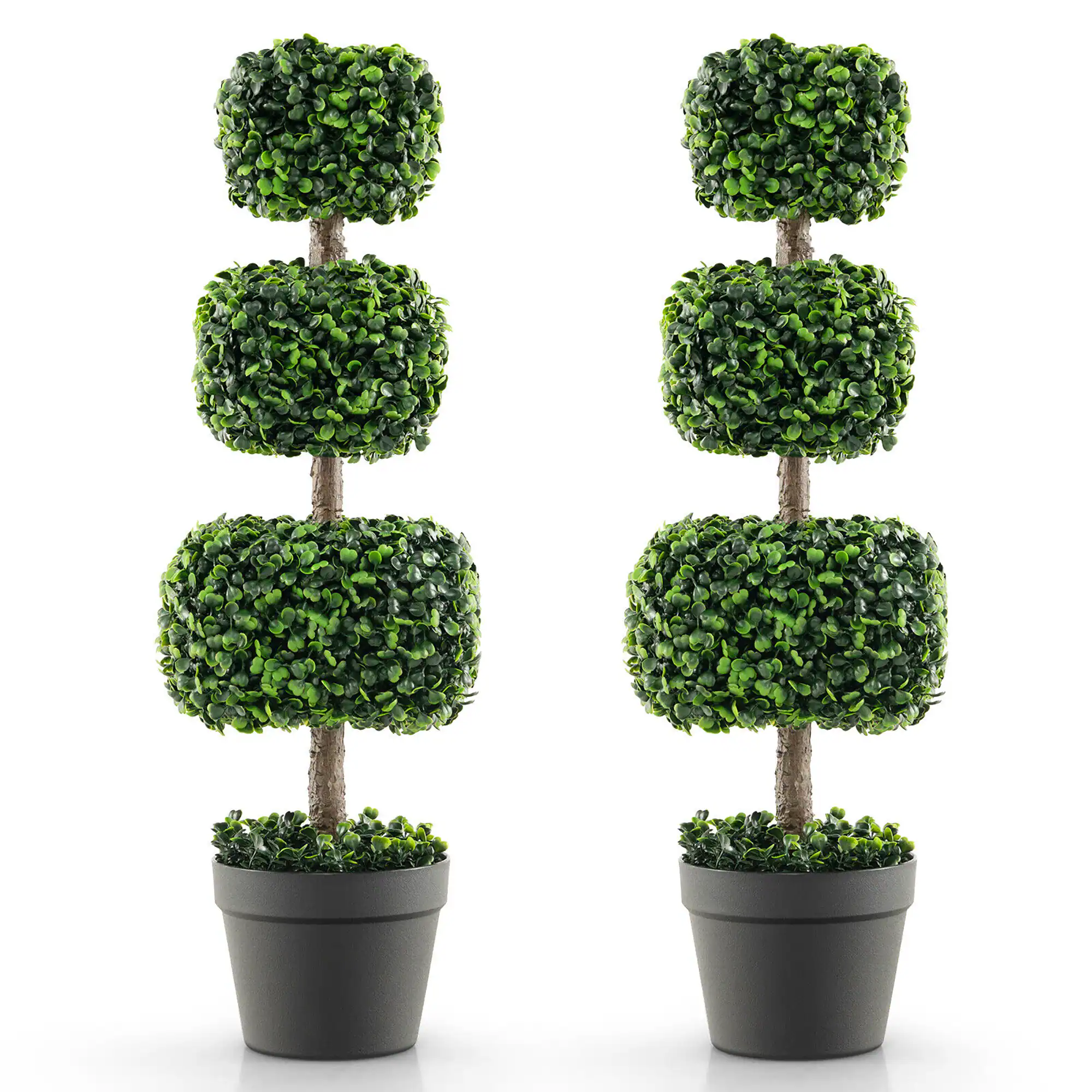 Front. Gymax - Gymax 2 PCS 35'' Artificial Boxwood Topiary Tree Faux Greenery Plant Fake Tree for Decoration - Green, Black.