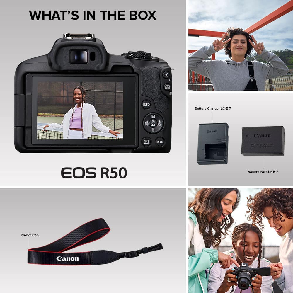 What's in the box:
* EOS R50 camera
* Battery charger LC-E17
* 2 d MF set
* 6 menu Canon
* Canon battery pack LP-E17
* Neck strap