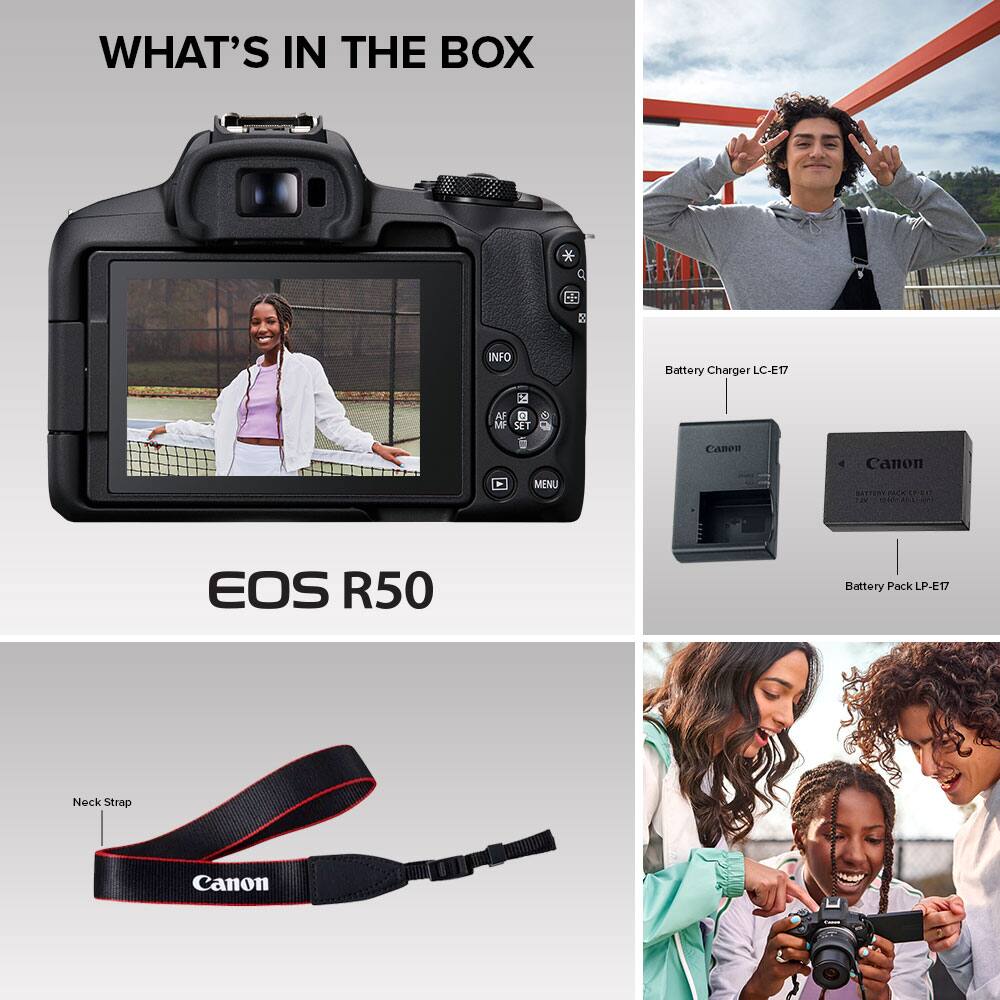 What's in the box:

* EOS R50 camera
* Battery charger LC-E17
* 2 d MF set
* 6 menu Canon
* Canon battery pack LP-E17
* Neck strap