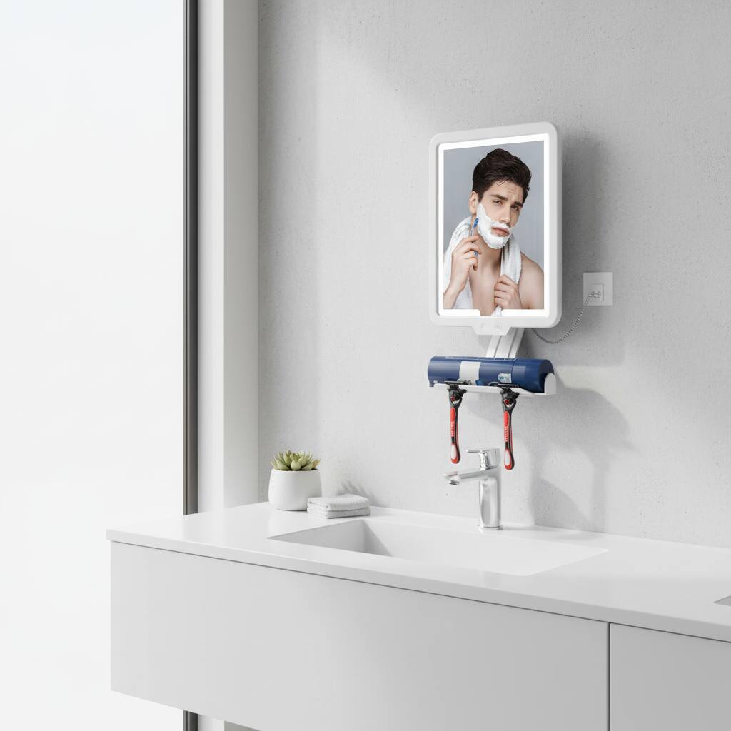 Alt View 1. Dazzed Corner - Heated Anti-Fog LED Shower Mirror, 3 Color Modes, Dimmable, Rechargeable - White.