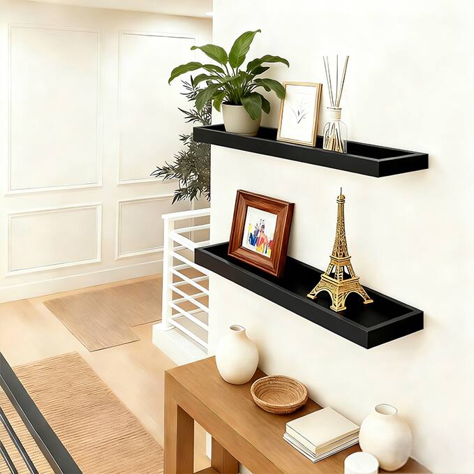 Alt View 4. BOMEDA - 2 Pack 24 in Floating Shelves, Wooden Wall Shelf for Bedroom Living Room Kitchen, Bathroom Shelves with Raised Lip - Black.