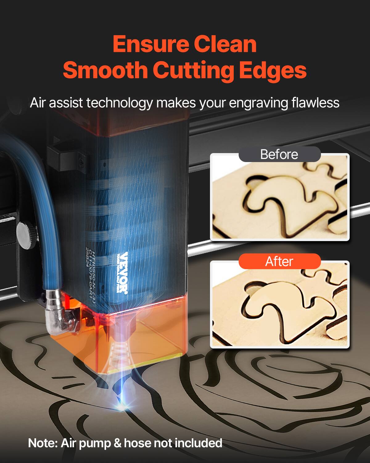 Ensure Clean Smooth Cutting Edges

Air assist technology makes your engraving flawless

Before

After

Note: Air pump & hose not included