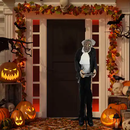 Front. Northlight - LED Lighted Animated Butler with Sound Halloween Decoration - 5.5' - Clear Lights - Gray.
