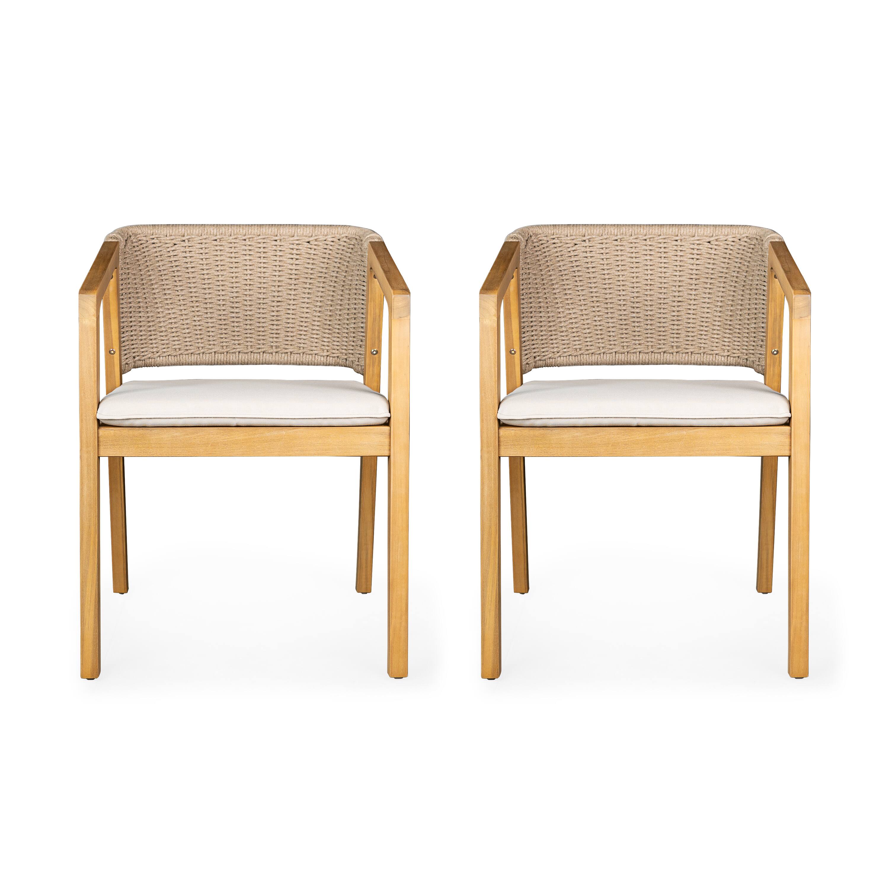 Back. Whisen - Set of 2 Outdoor Acacia Wood Dining Chairs With a Rope Backrest and Cushions - Light Teak|Beige.