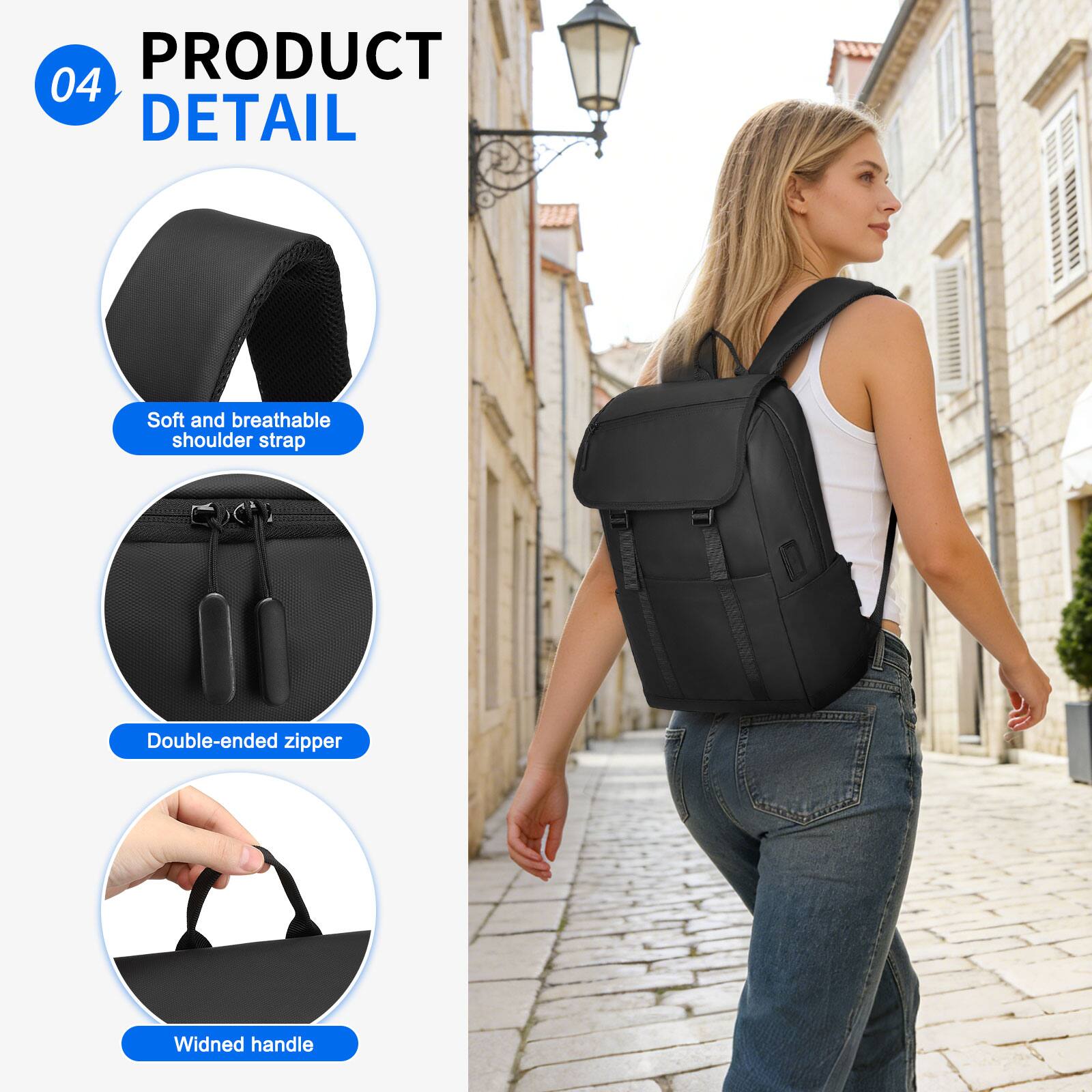 PRODUCT 04 DETAIL  
- Soft and breathable shoulder strap  
- Double-ended zipper  
- Widened handle