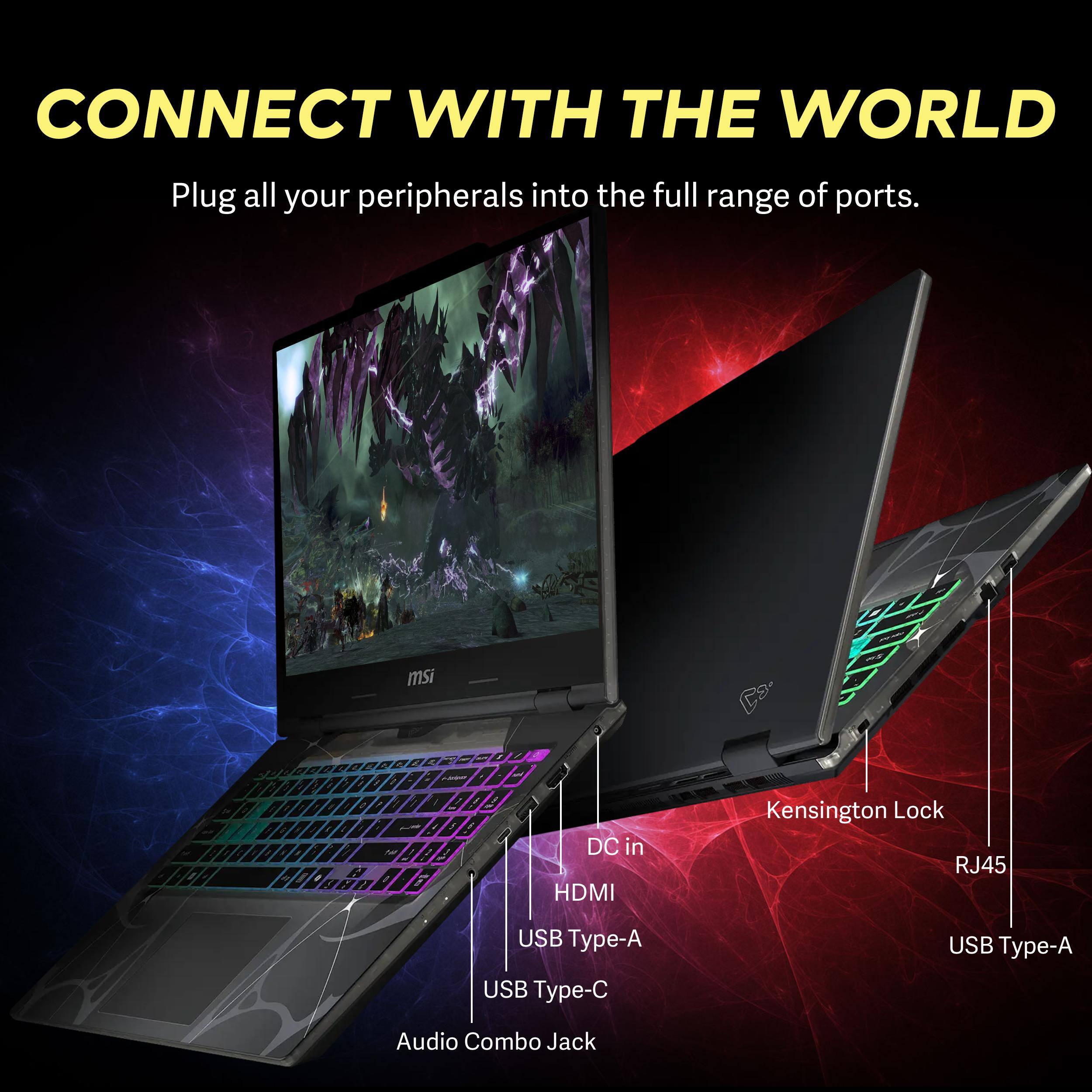 CONNECT WITH THE WORLD  
Plug all your peripherals into the full range of ports.

msi

- Kensington Lock
- RJ45
- USB Type-A
- USB Type-C
- Audio Combo Jack
- DC in
- HDMI