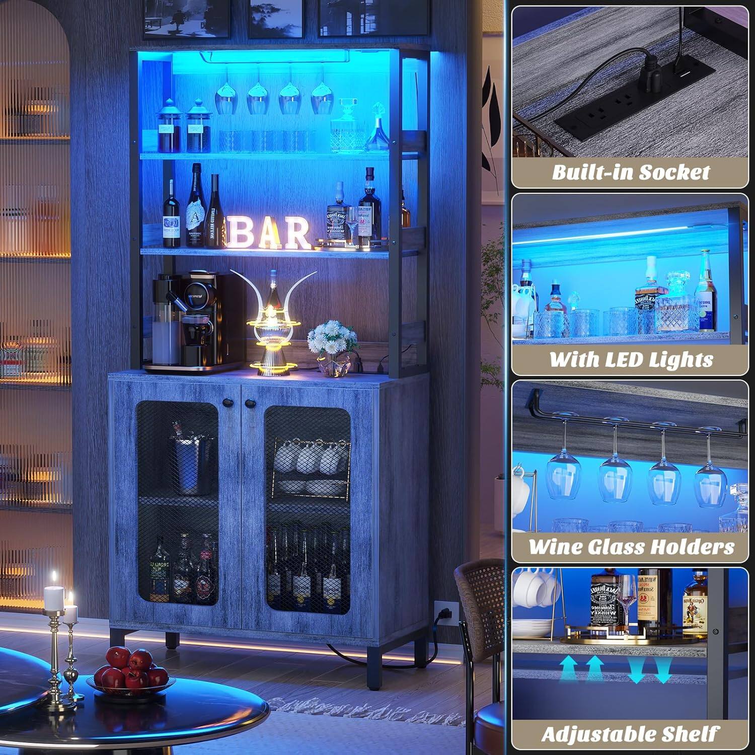 Aheaplus 67'' Tall Wine Cabinet with LED Light and Power Strip