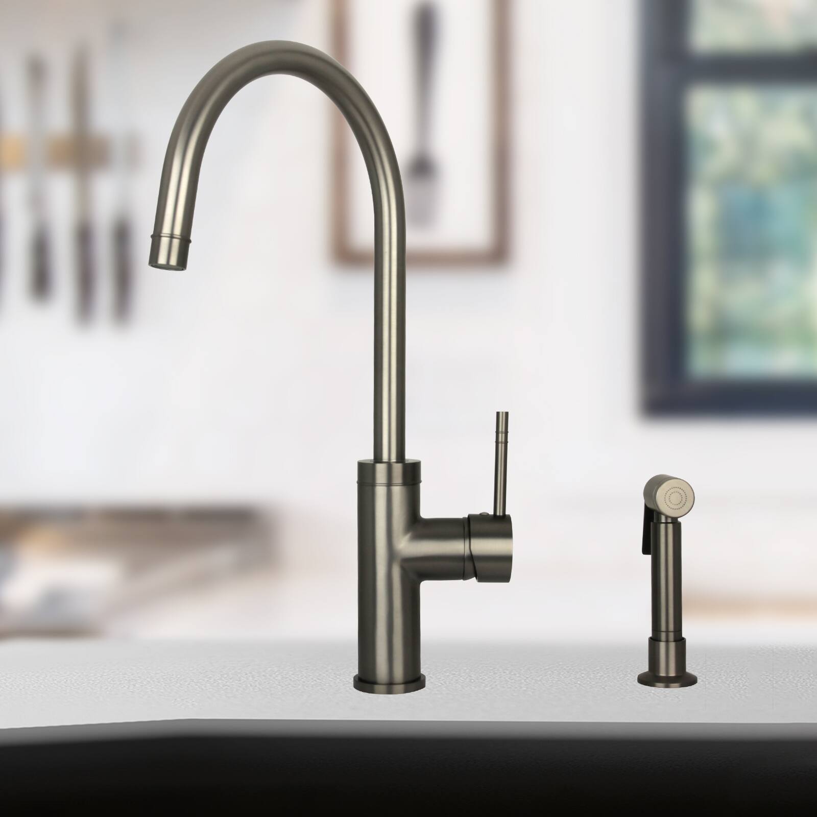 Alt View 7. Akicon - Akicon Solid Brass Single Handle 360° Swivel Widespread Kitchen Faucet with Side Sprayer in Gun Black - Gun Black.