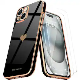 Entronix - iPhone 14 Bundle - Glossy Heart Case with 2 Clear Screen Protectors - Black