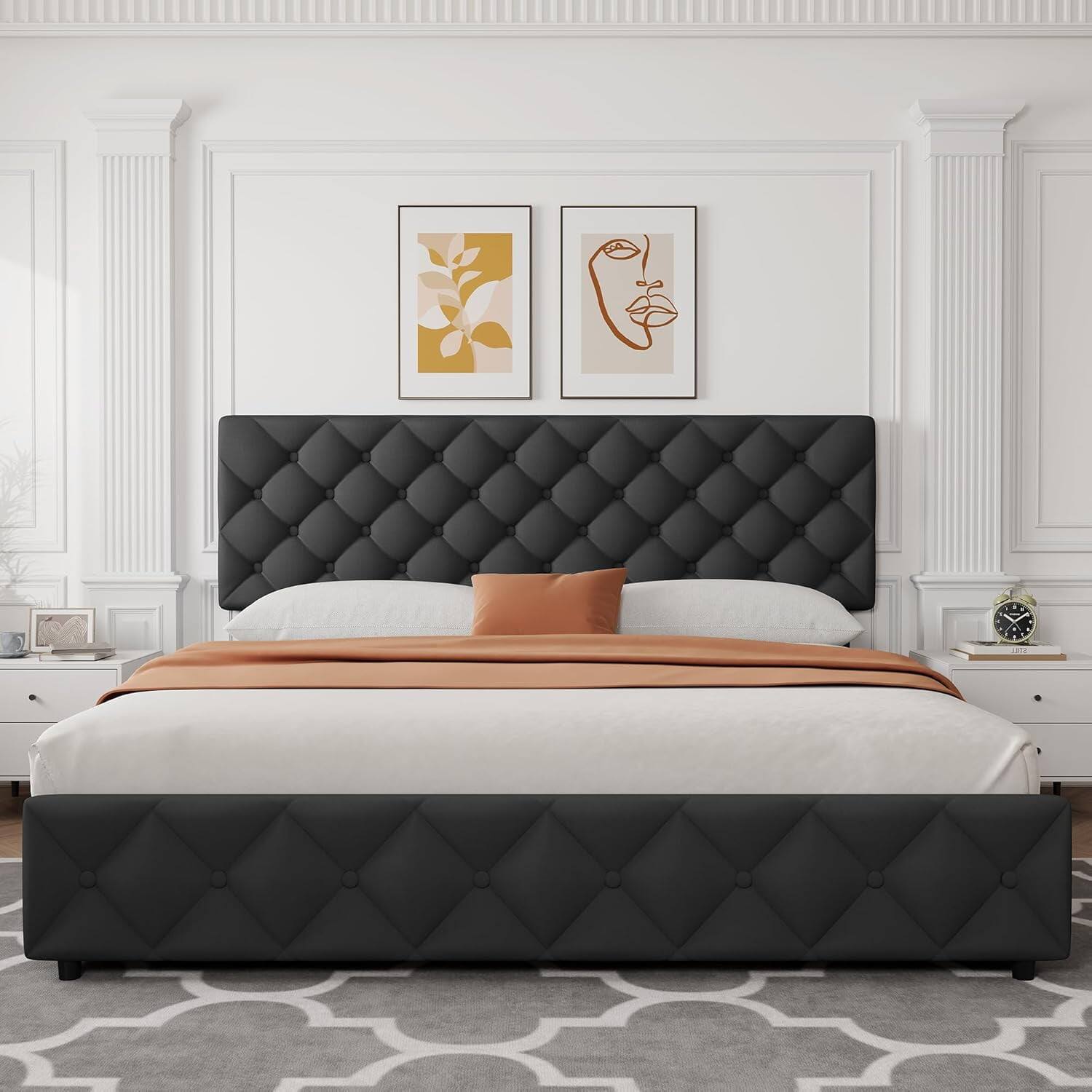 Alt View 1. Jojoka - King Bed Frame with 4 Storage Drawers, Adjustable Headboard, Black, Space-Saving & Sturdy - Black.