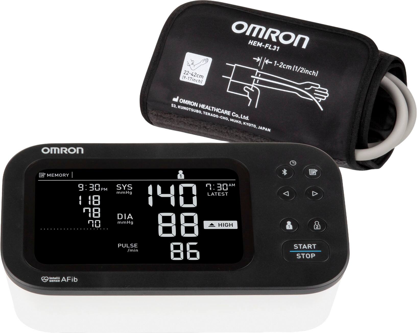 OmRON HEM-FL31 1-2cm 22-42cm (1/2inch) (9-17inch) 3. OMRON KUNOTSUBO, HEALTHCARE TERADO-CHO, Co.,Ltd. MUKO, KYOO, JAPAN OmRON MEMORY 9:30 PM 118 8 n0 1 AM SYS 7 30 mmHg LATEST 140 DIA mmHg 88 HIGH PULSE /min 86 START STOP Intelli AFib sense
