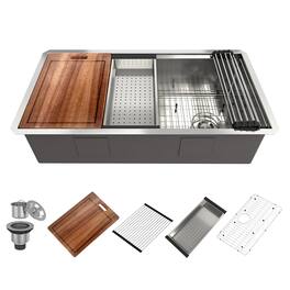 Boyel Living - 36 in. Undermount Single Bowl 18-Gauge Stainless Steel Kitchen Sink with Cutting Board, Rolling Drying Rack, Colander - Silver