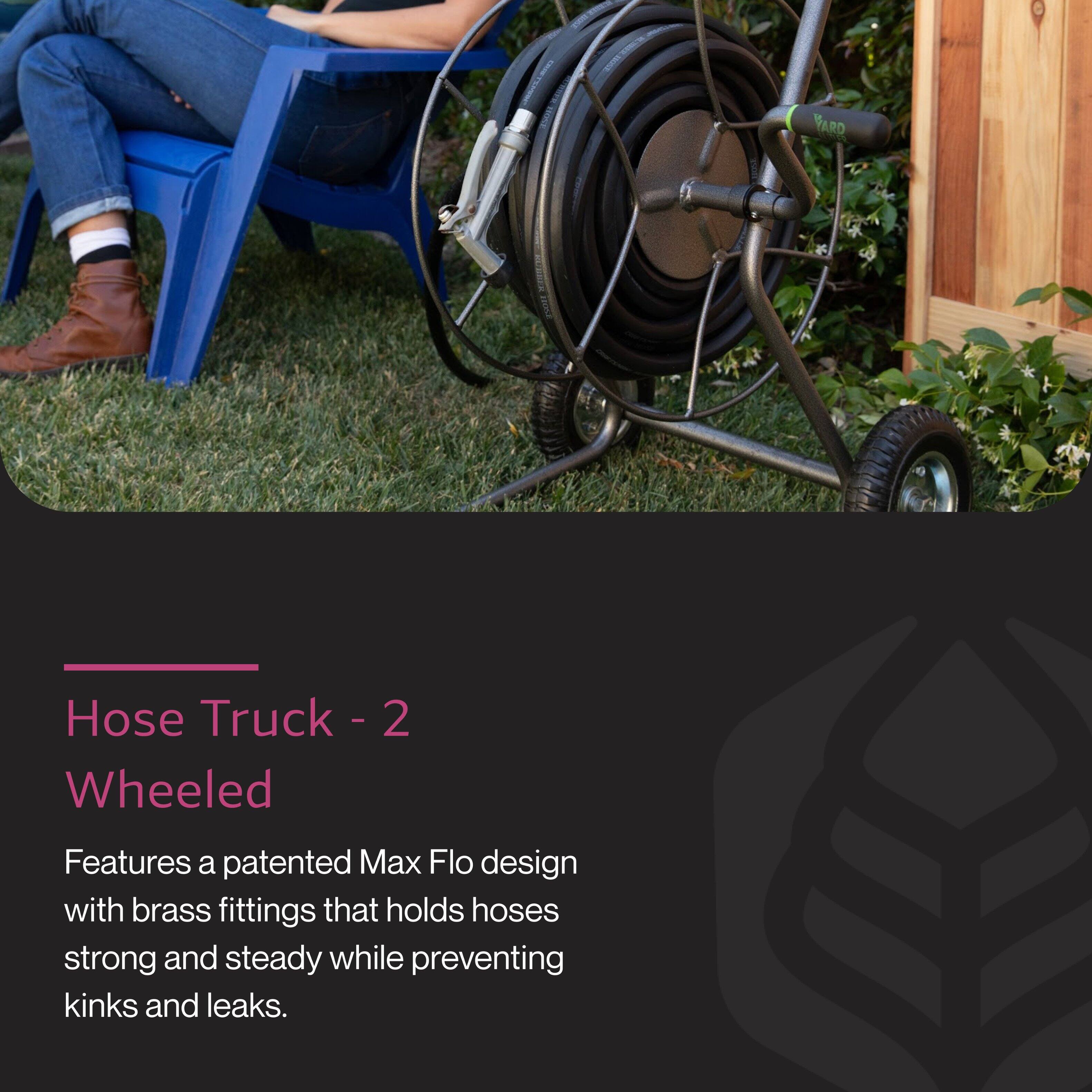 Hose Truck - 2 Wheeled

Features a patented Max Flo design with brass fittings that holds hoses strong and steady while preventing kinks and leaks.