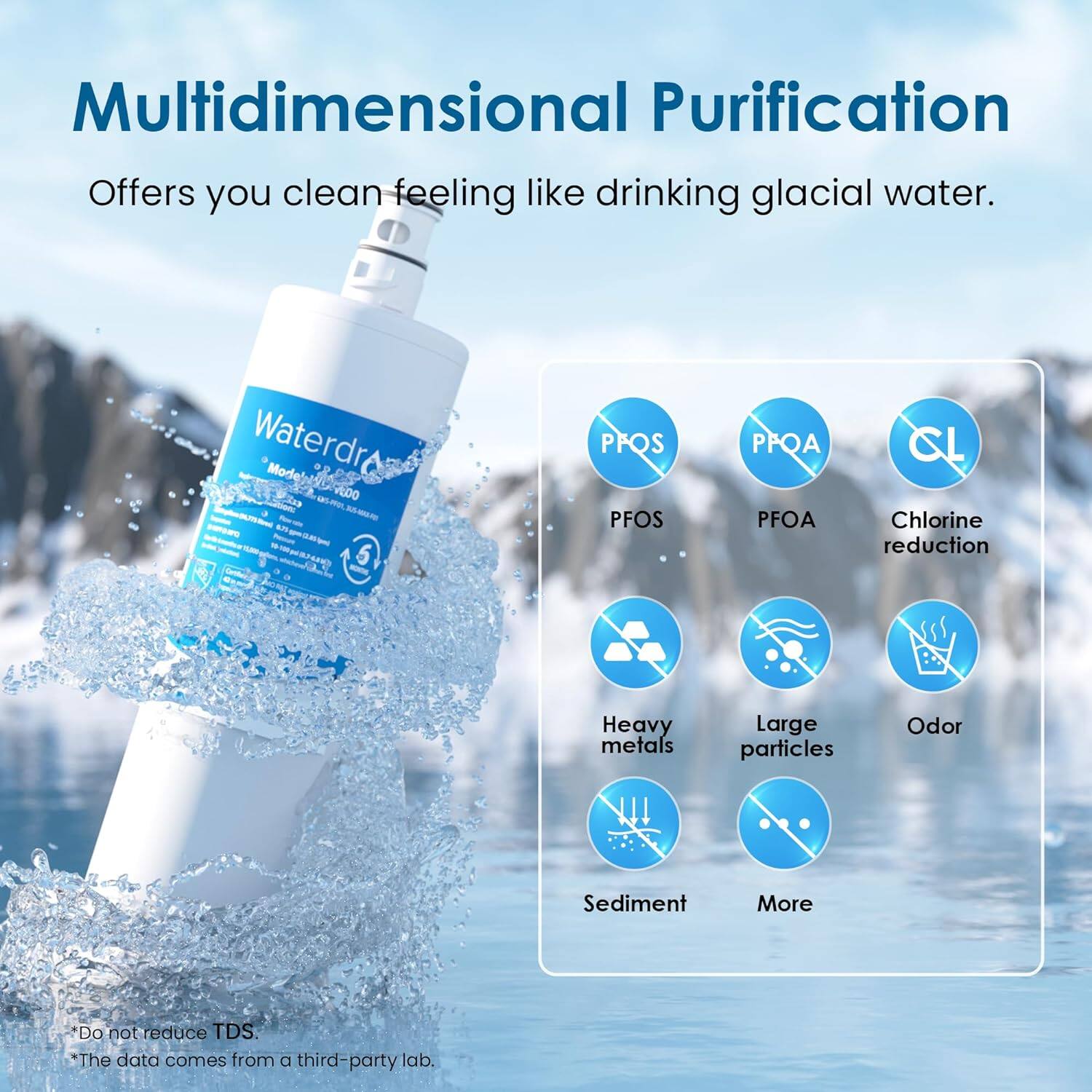 Multidimensional Purification Offers you clean feeling like drinking glacial water. Waterdr "Model da --PL M - - a 5 - PPOS PFOS PFOA Chlorine reduction Heavy metals Large particles Odor Sediment More. Do not reduce TDS. The data comes from a third-party lab.