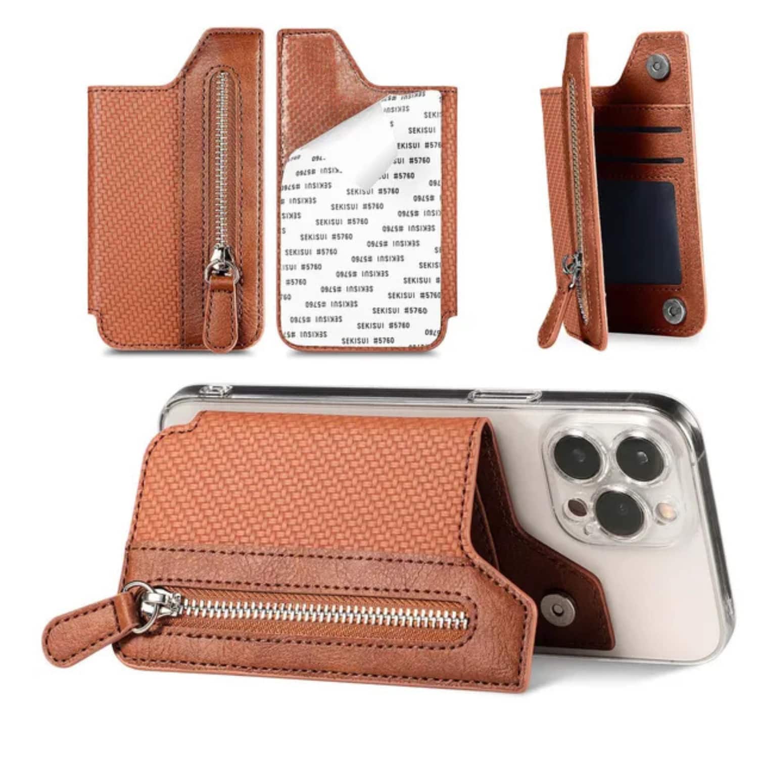 Stock Preferred - Slim Magnetic Snap-Kick Wallet Stick-On Phone Card Holder - Brown