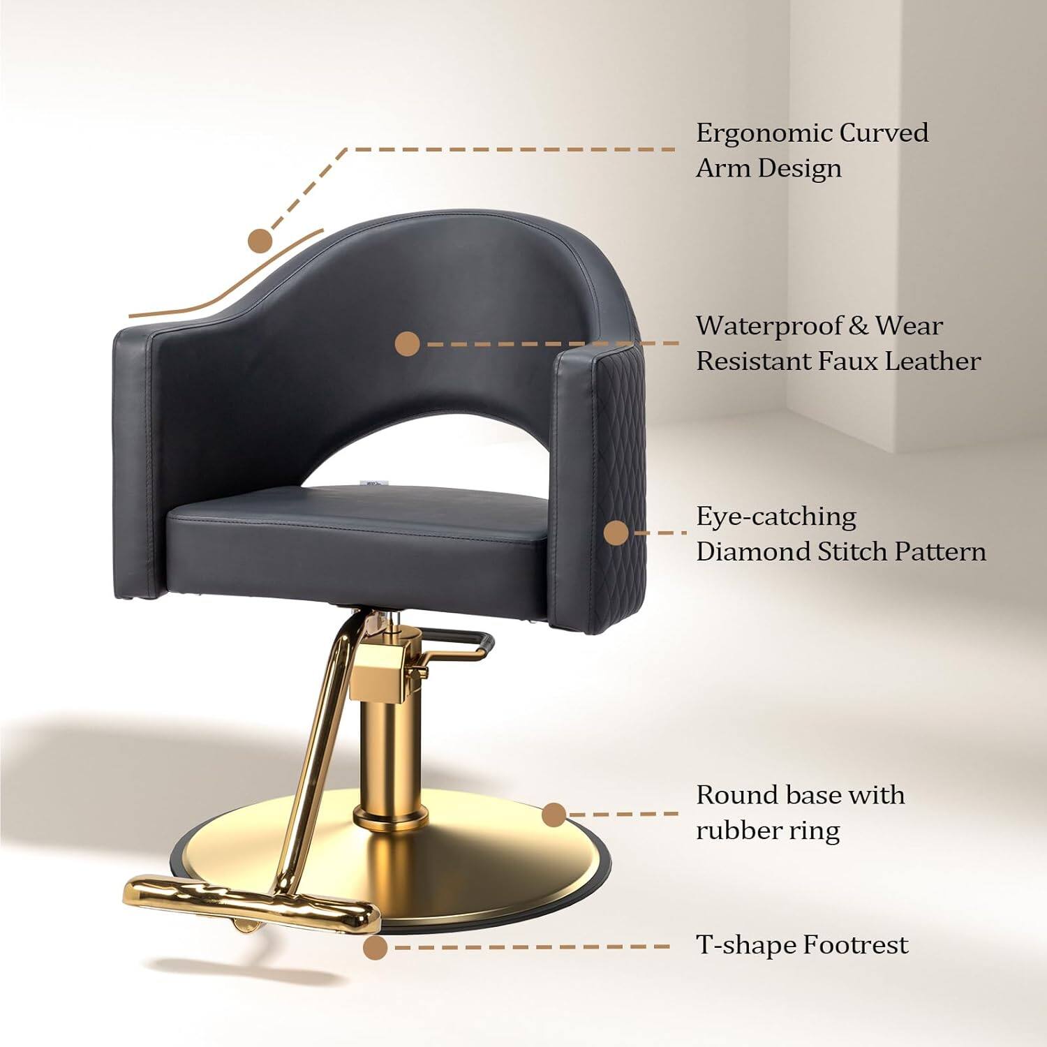 Ergonomic Curved Arm Design  
Waterproof & Wear Resistant Faux Leather  
Eye-catching Diamond Stitch Pattern  
Round base with rubber ring  
T-shape Footrest