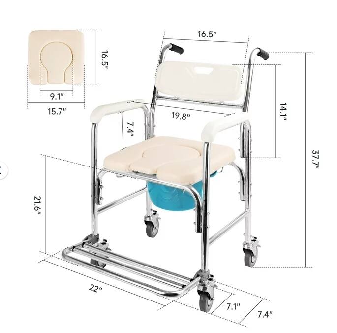 Alt View 4. Topteng - Aluminum Alloy Mobile Commode Chair - 3-in-1 Shower/Toilet/Wheelchair,Locking Wheel,300lb Capacity for Elderly Home Care - White.