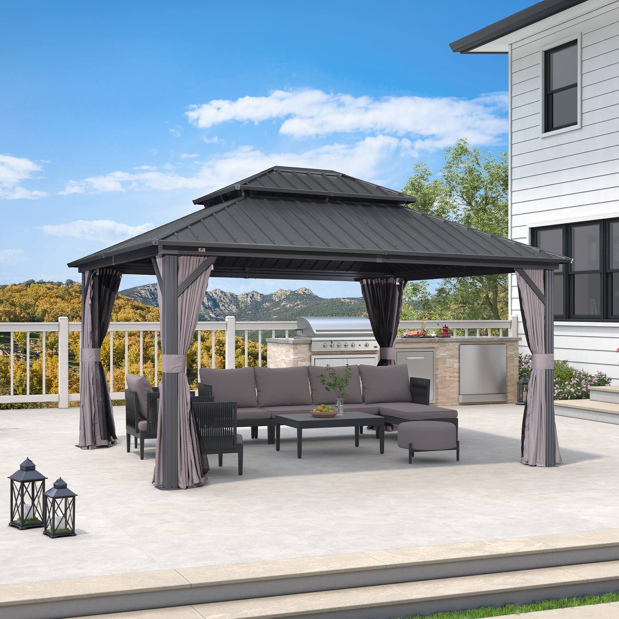Alt View 1. PURPLE LEAF - 12 X 14 FT Outdoor Aluminum Hardtop Gazebo with Galvanized Steel Double Roof for Patio Deck with Netting and Curtains - 12' X 14'.