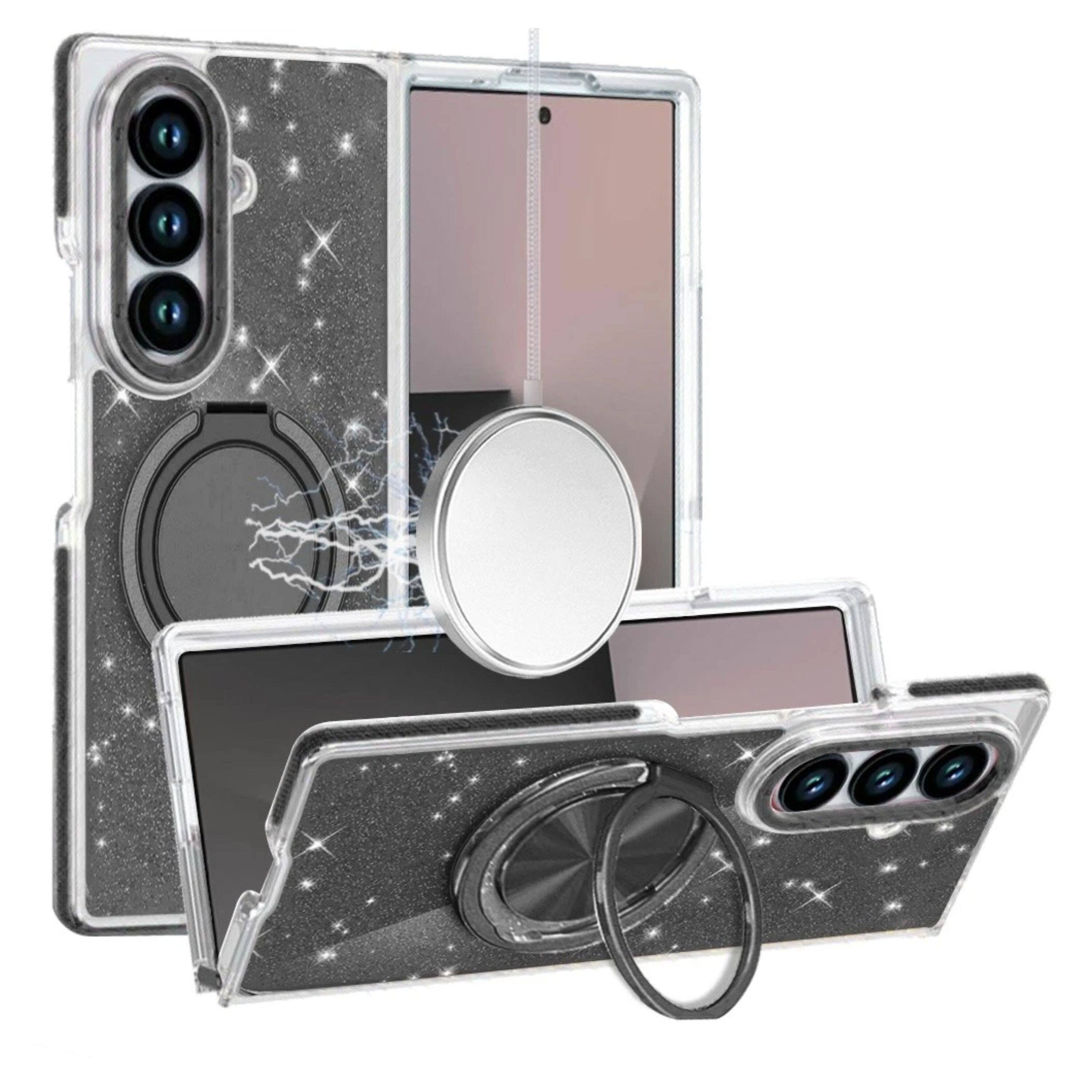 Angle. Kitcheniva - Full Glitter Magnetic Circle Stand Phone Case With Tempered Glass For Samsung Galaxy Z Fold7 Black - Black.